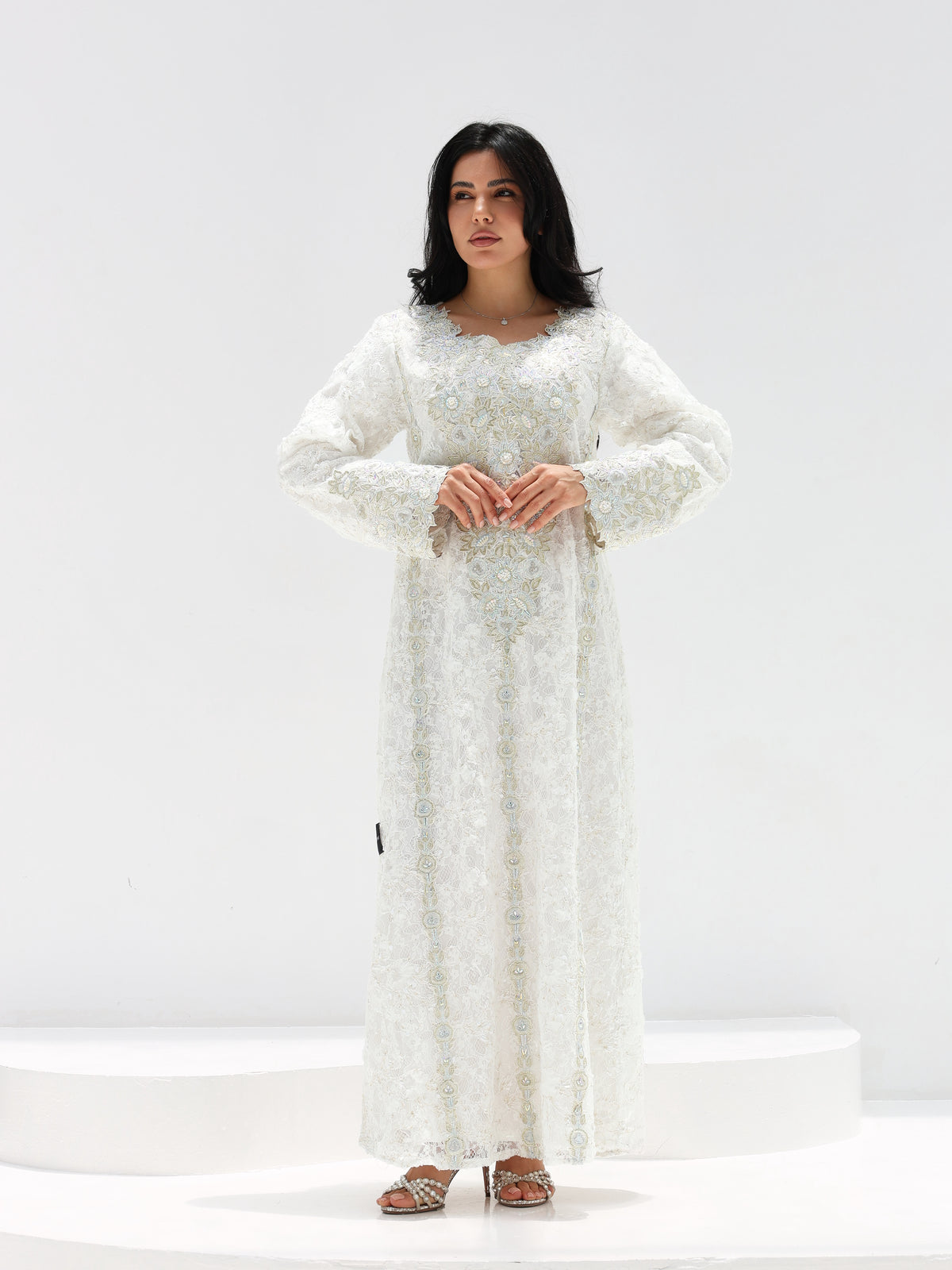 Ivory Lace Mukhawar — gold embroidered lace Emirati dress (11)