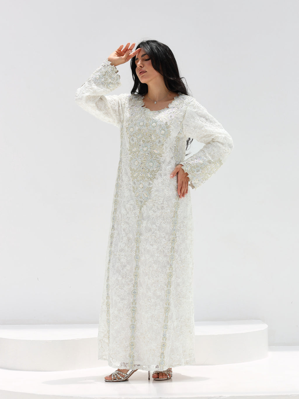 Ivory Lace Mukhawar — gold embroidered lace Emirati dress (12)