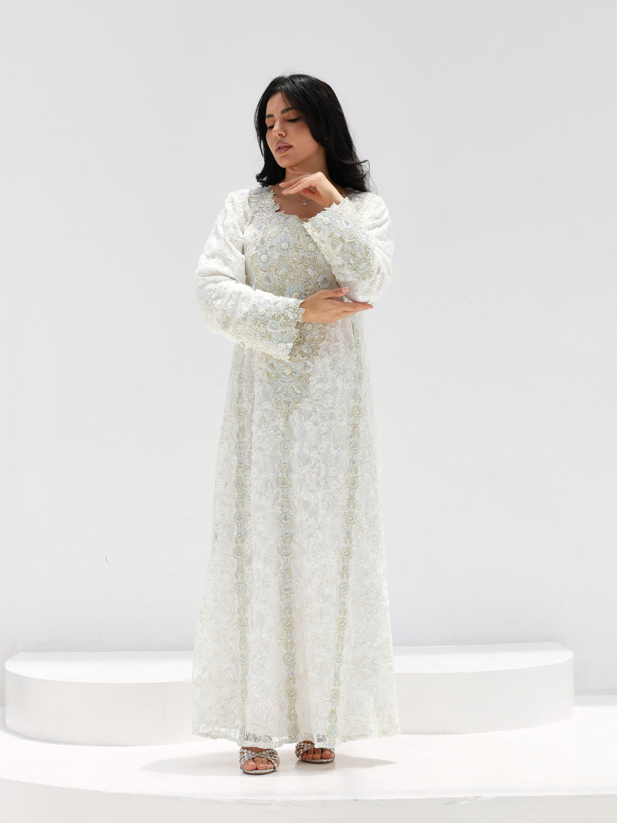 Ivory Lace Mukhawar — gold embroidered lace Emirati dress (13)