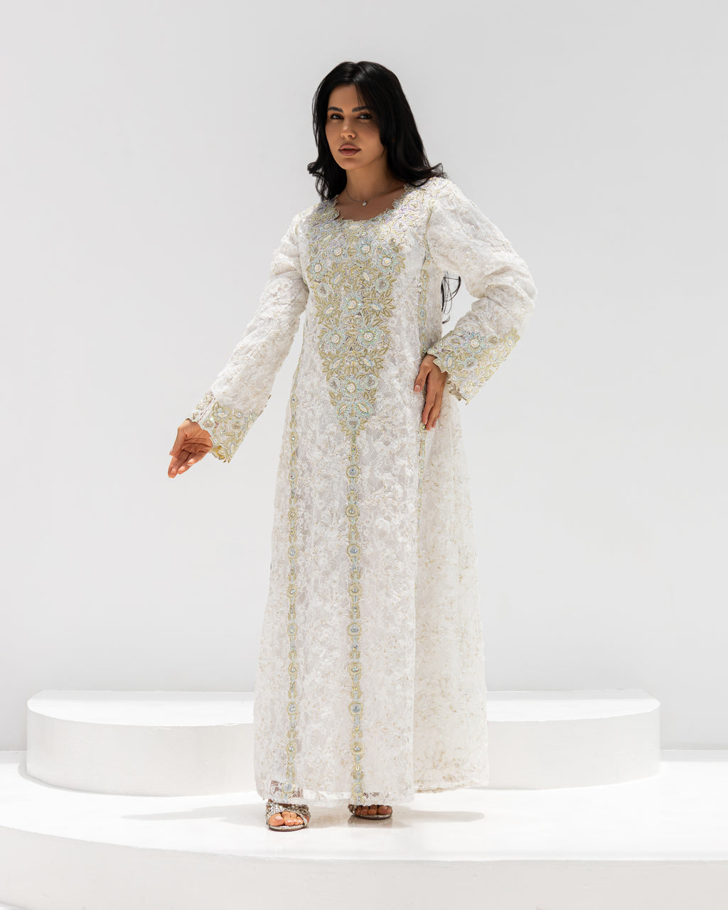 Ivory Lace Mukhawar — gold embroidered lace Emirati dress (5)
