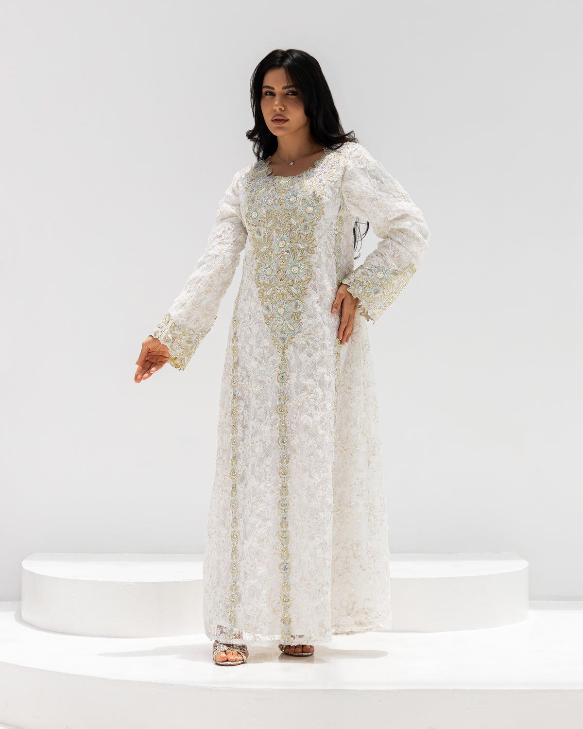 Ivory Lace Mukhawar — gold embroidered lace Emirati dress (5)