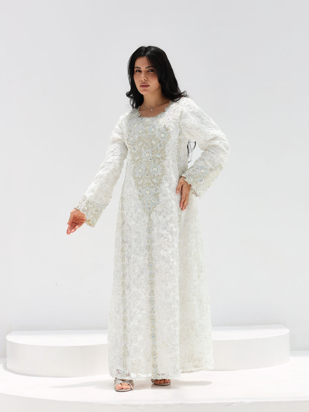 Ivory Lace Mukhawar — gold embroidered lace Emirati dress (14)
