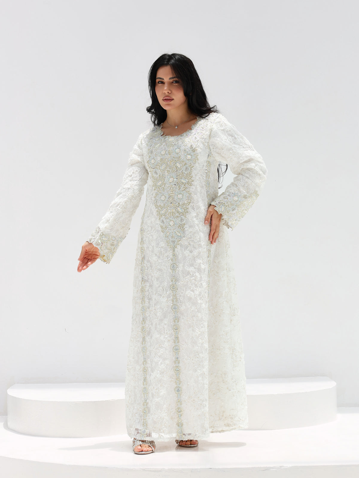 Ivory Lace Mukhawar — gold embroidered lace Emirati dress (14)