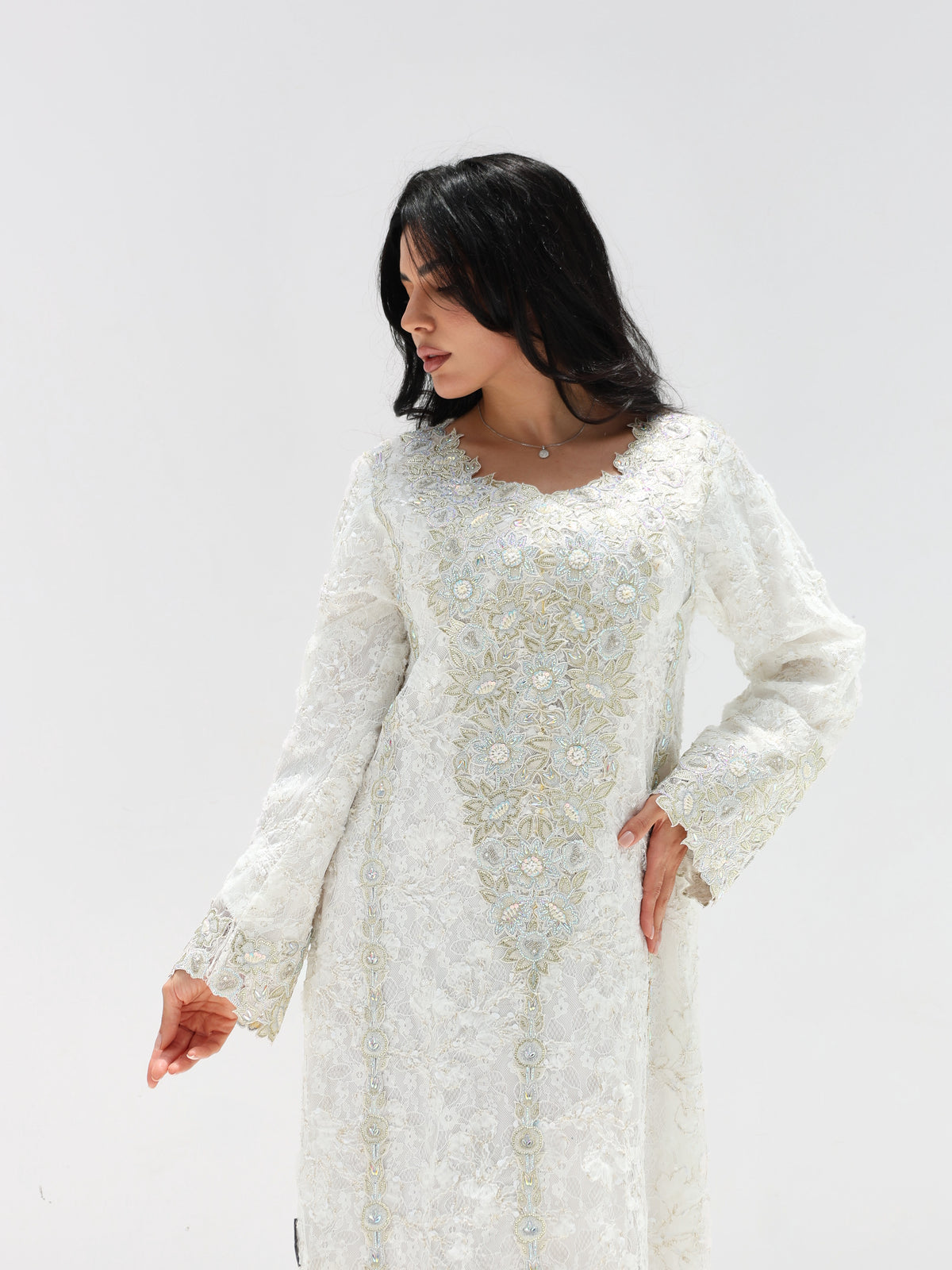 Ivory Lace Mukhawar — gold embroidered lace Emirati dress (15)