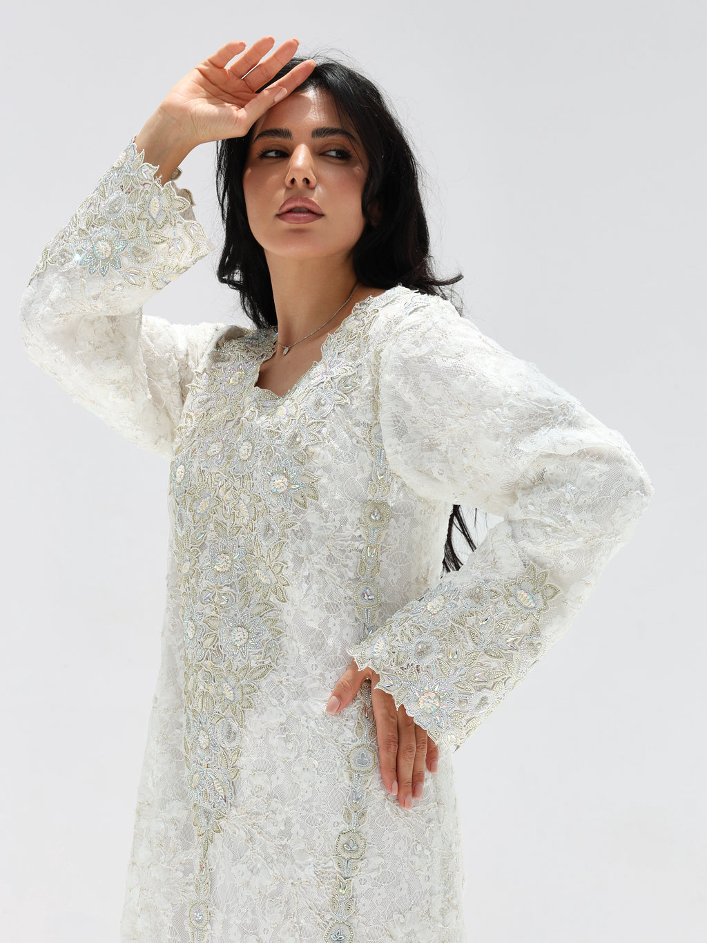 Ivory Lace Mukhawar — gold embroidered lace Emirati dress (19)