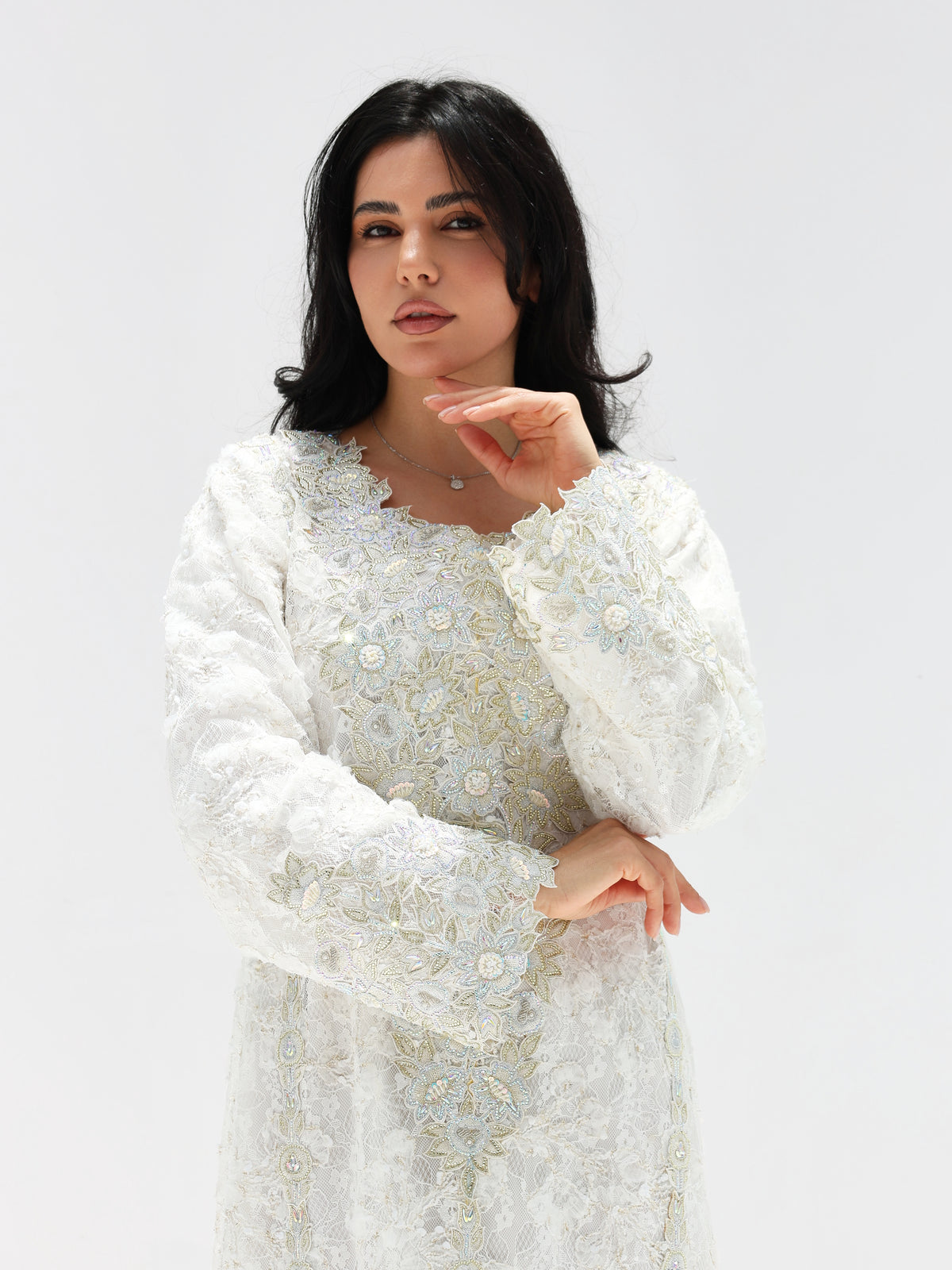 Ivory Lace Mukhawar — gold embroidered lace Emirati dress (20)
