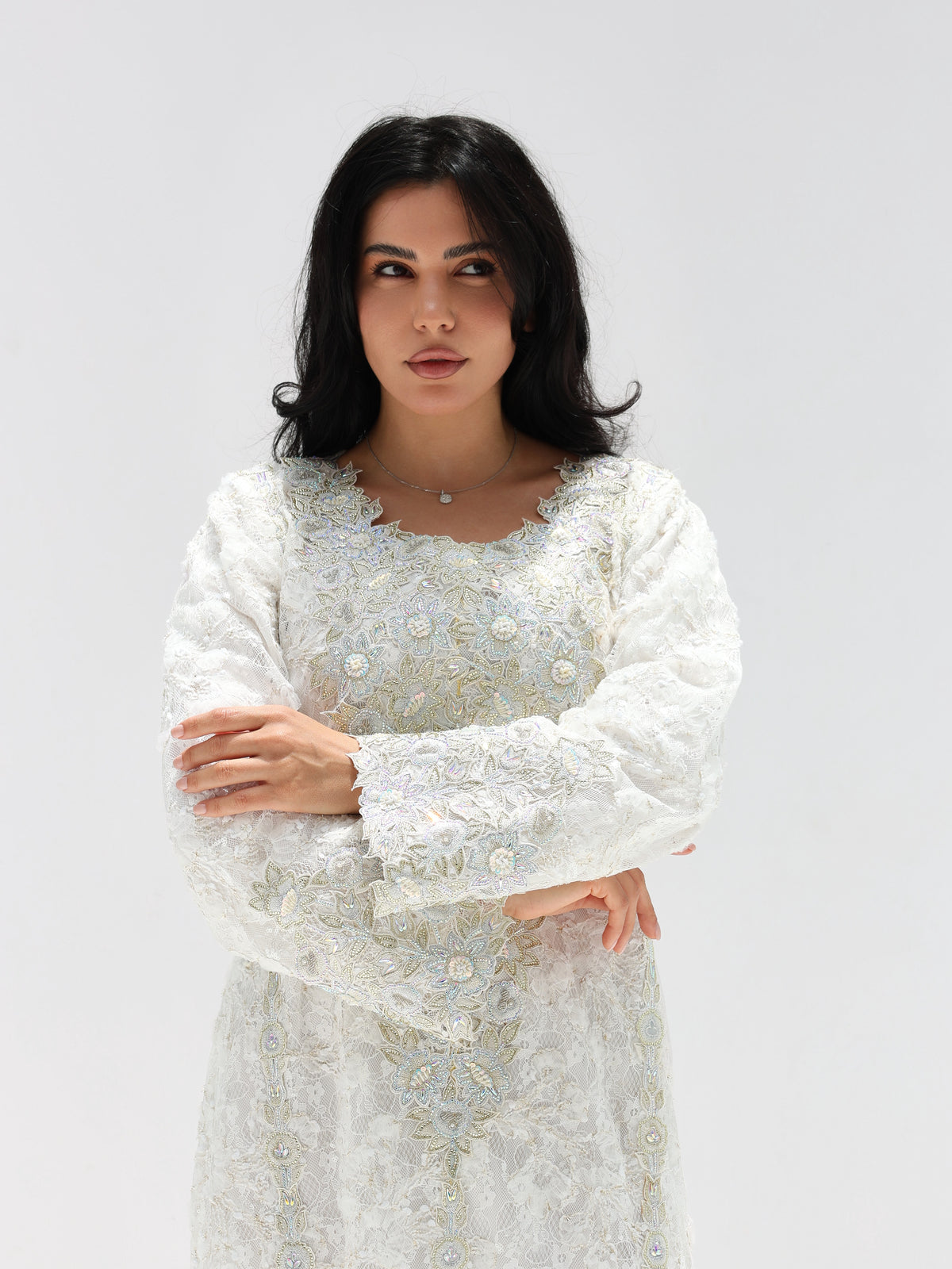 Ivory Lace Mukhawar — gold embroidered lace Emirati dress (21)