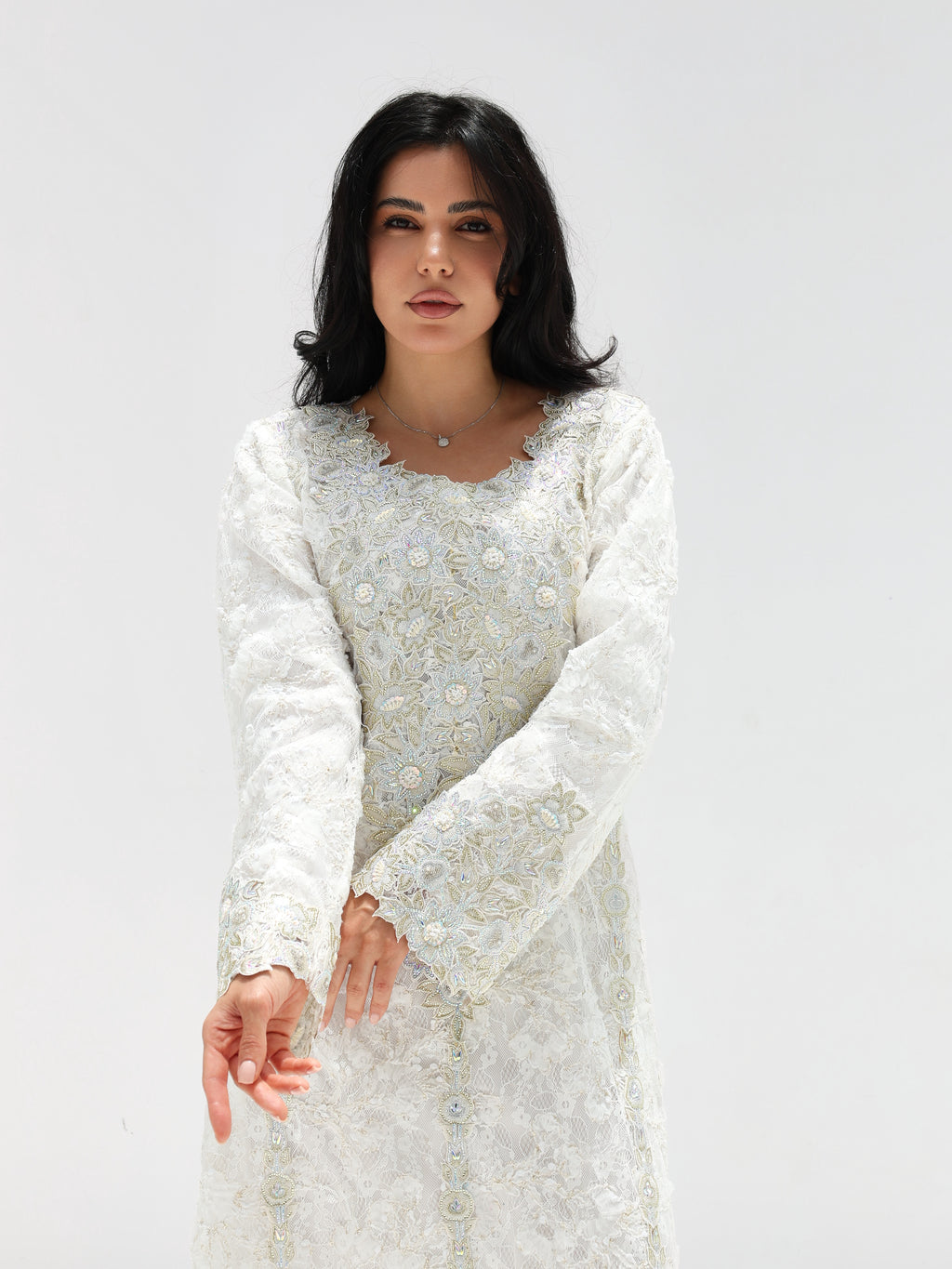 Ivory Lace Mukhawar — gold embroidered lace Emirati dress (22)