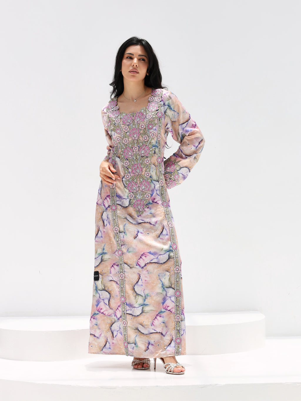 Marble Blossom Mukhawar — embroidered jacquard silk Emirati dress (8)
