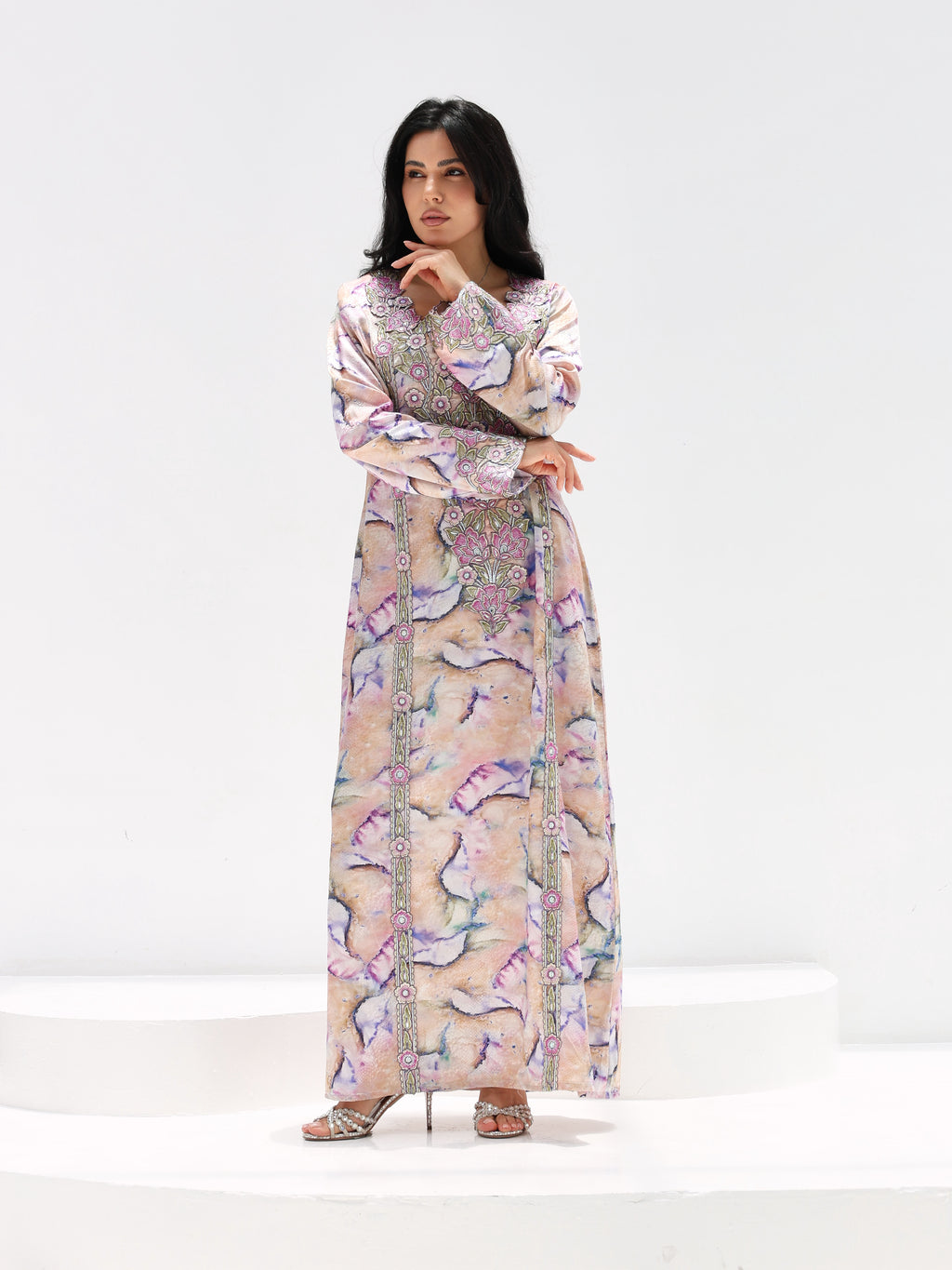 Marble Blossom Mukhawar — embroidered jacquard silk Emirati dress (10)