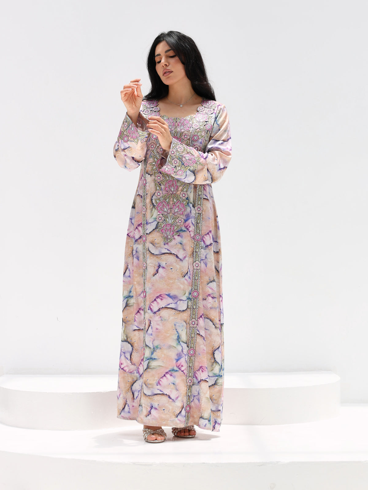Marble Blossom Mukhawar — embroidered jacquard silk Emirati dress (12)
