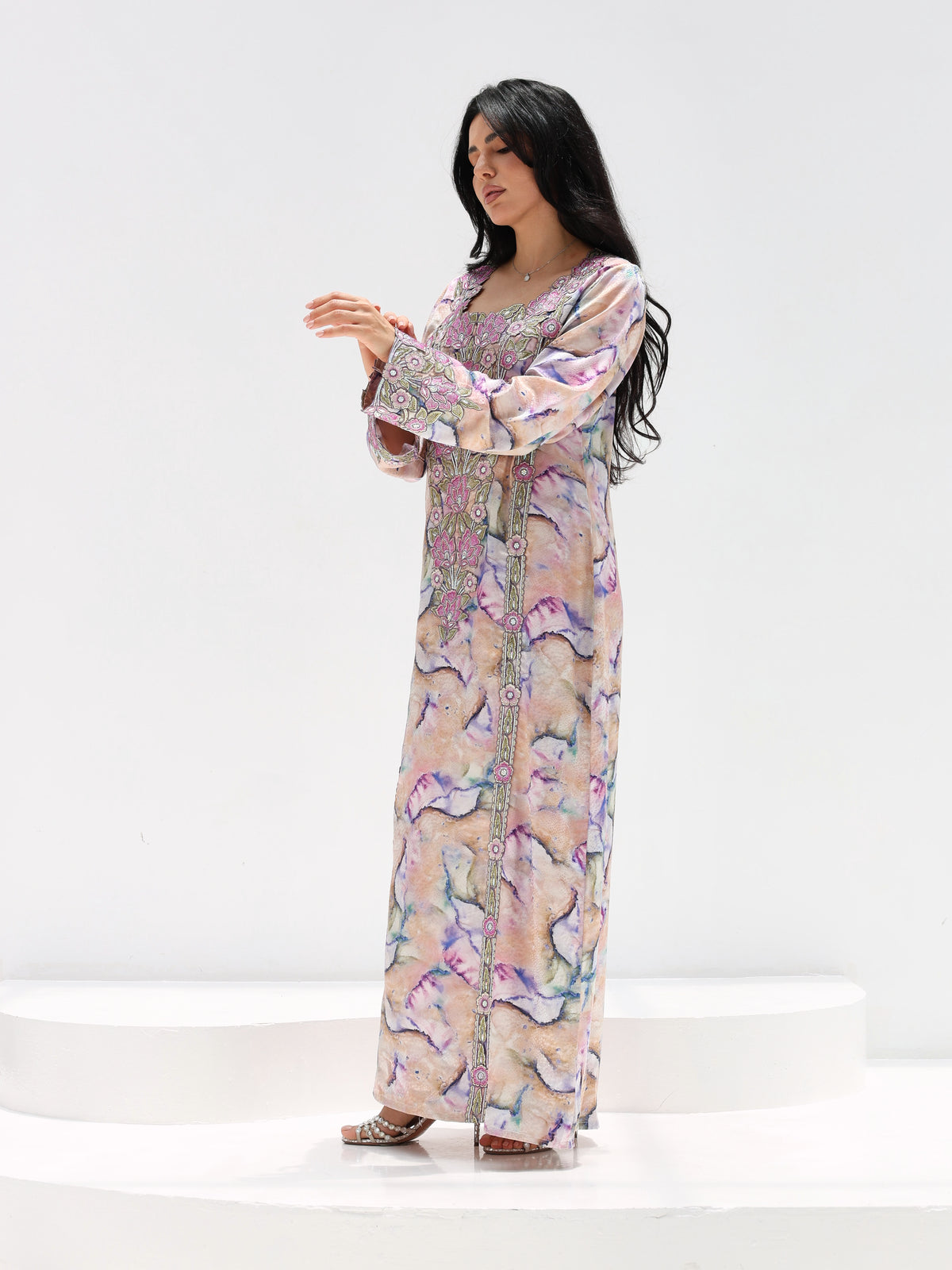 Marble Blossom Mukhawar — embroidered jacquard silk Emirati dress (13)