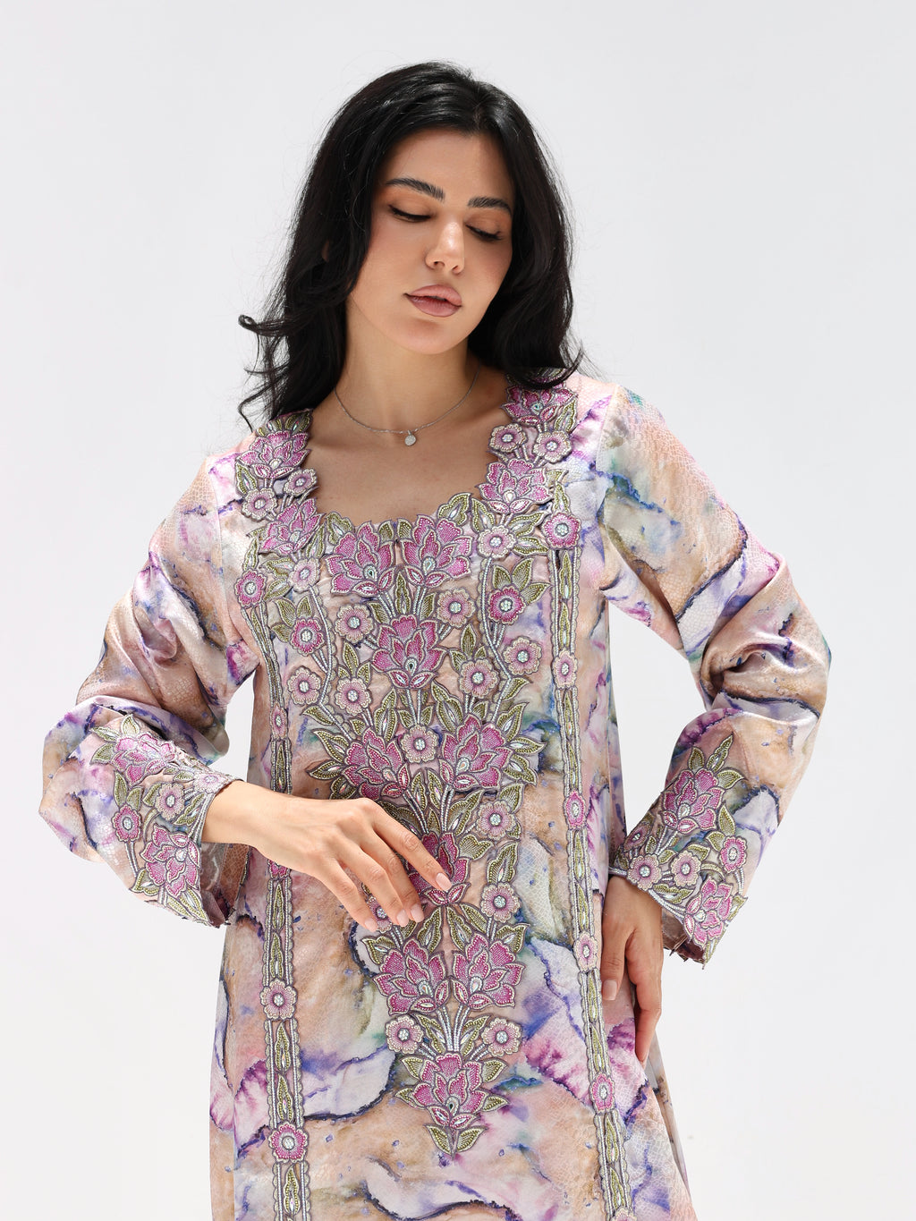 Marble Blossom Mukhawar — embroidered jacquard silk Emirati dress (22)