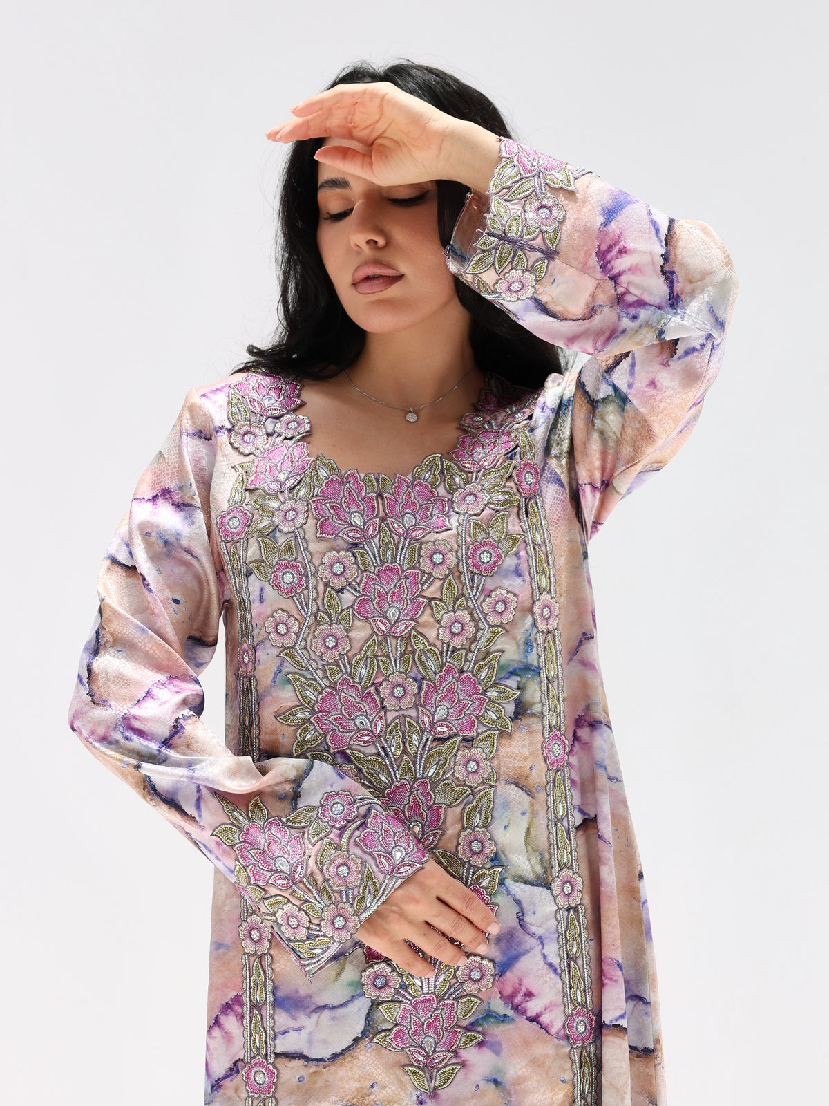 Marble Blossom Mukhawar — embroidered jacquard silk Emirati dress (2)