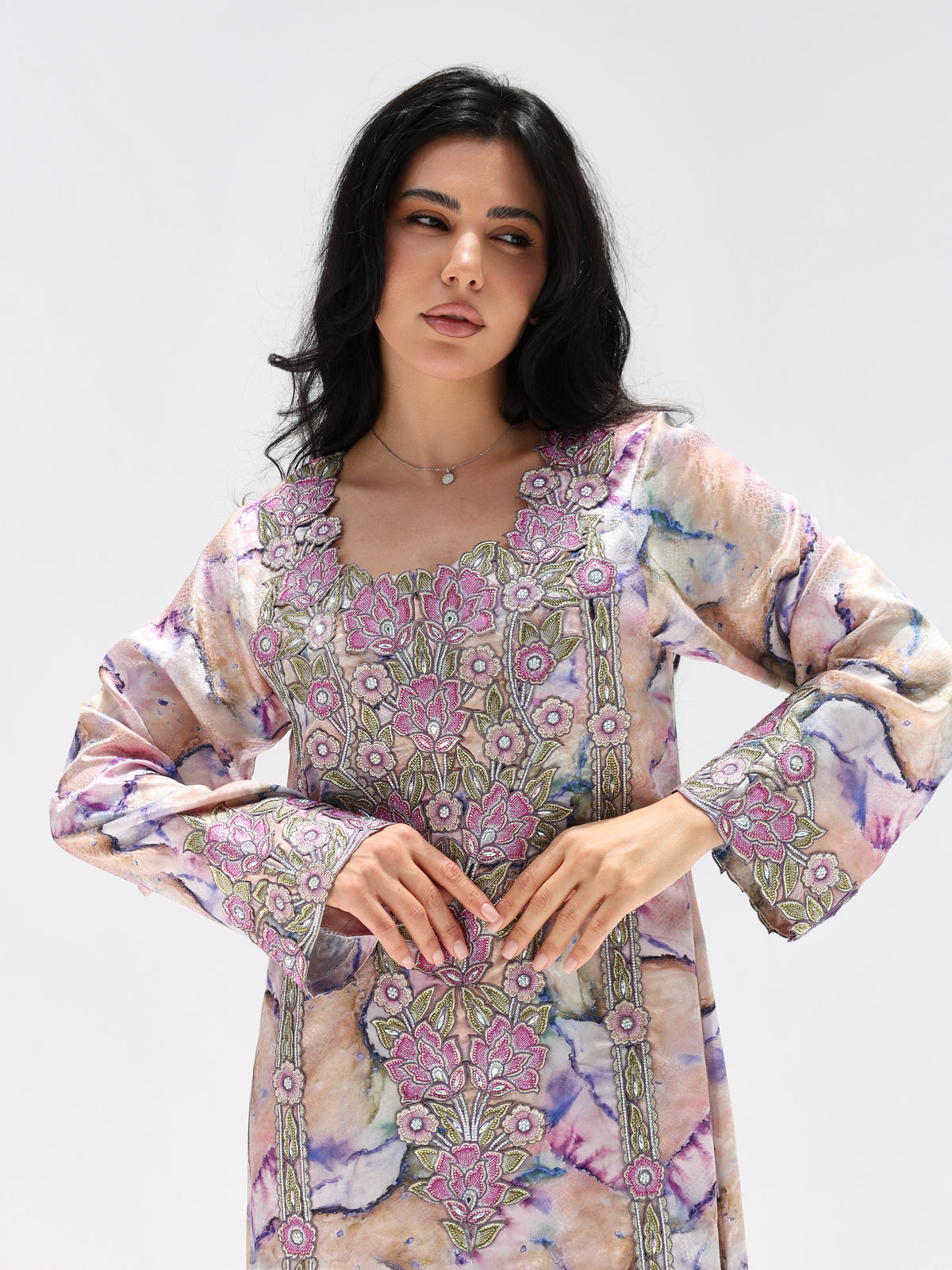 Marble Blossom Mukhawar — embroidered jacquard silk Emirati dress (26)