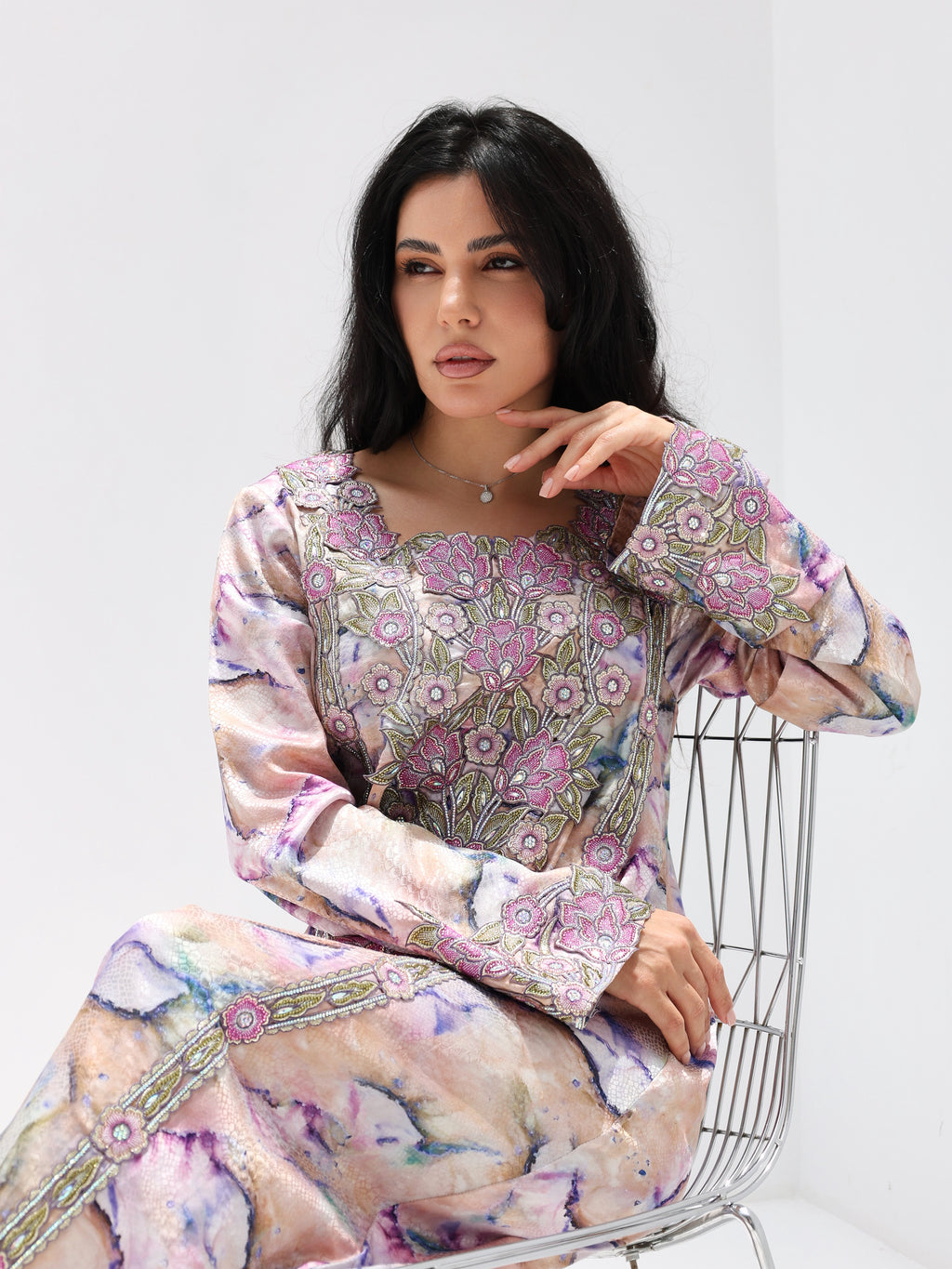 Marble Blossom Mukhawar — embroidered jacquard silk Emirati dress (35)