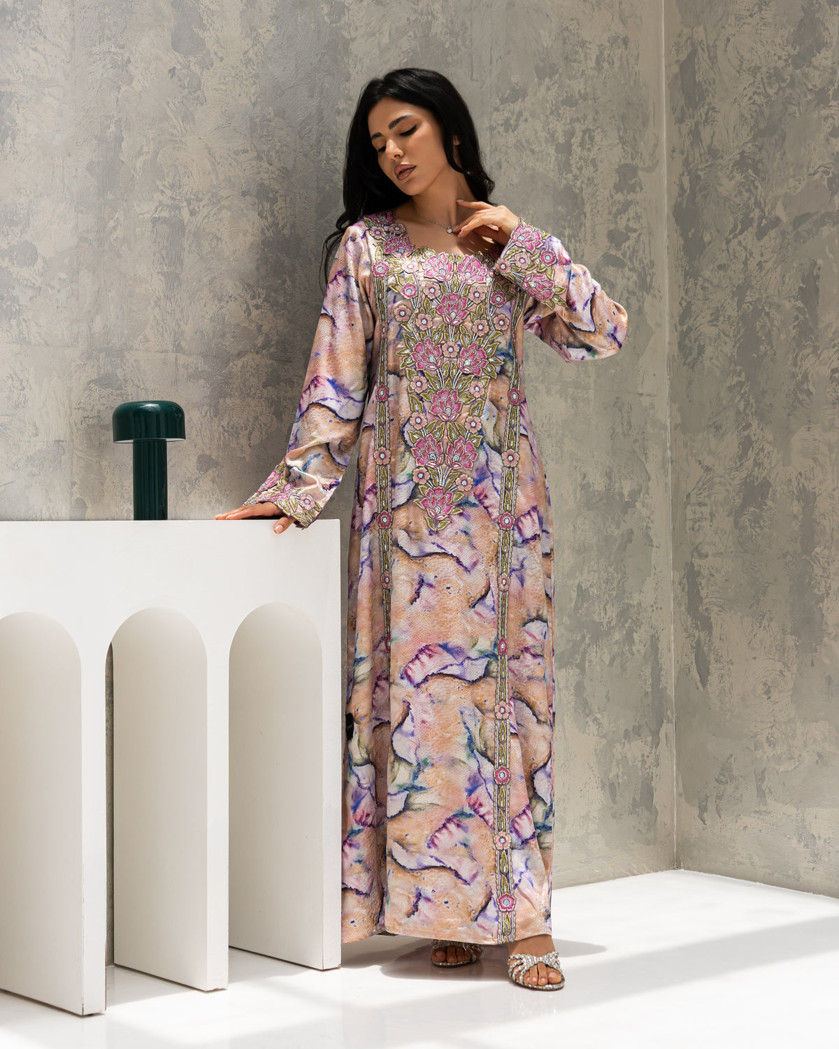 Marble Blossom Mukhawar — embroidered jacquard silk Emirati dress (5)