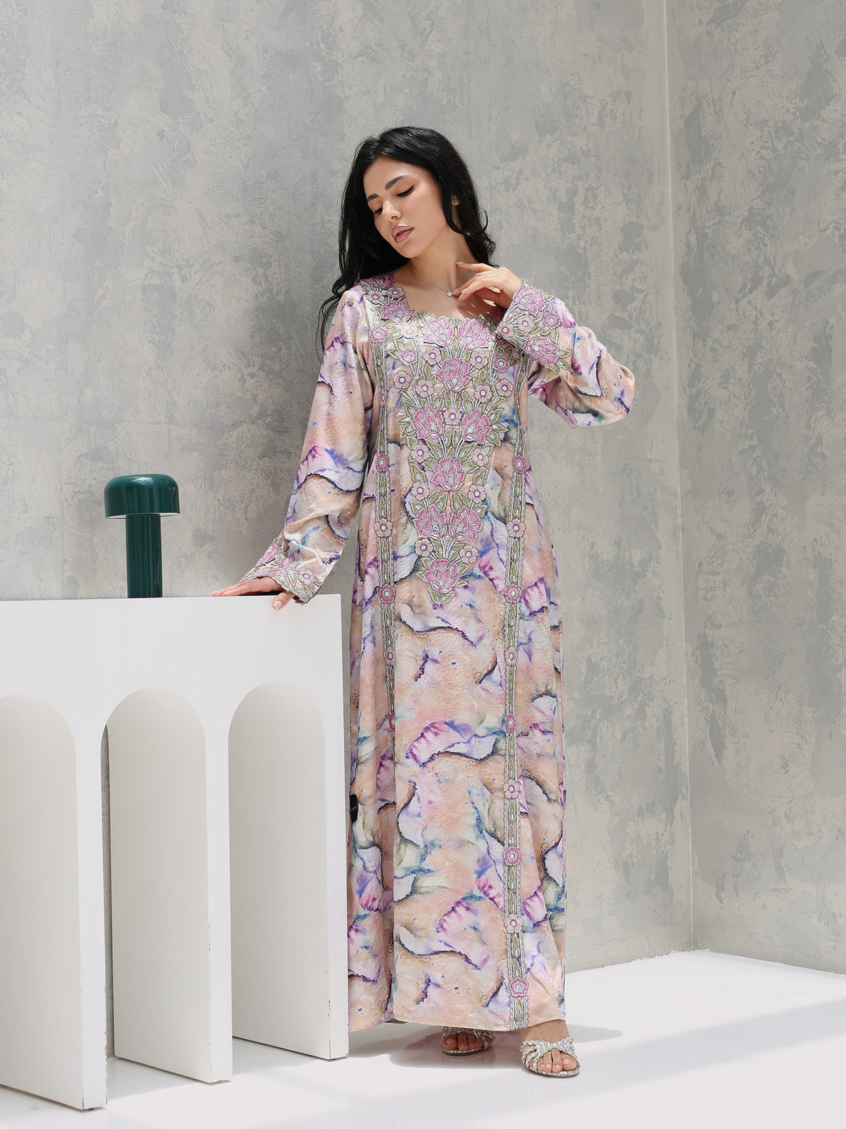 Marble Blossom Mukhawar — embroidered jacquard silk Emirati dress (36)