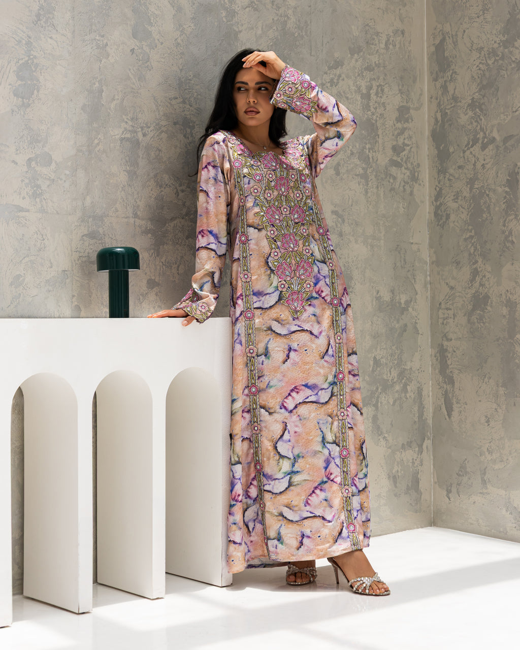 Marble Blossom Mukhawar — embroidered jacquard silk Emirati dress (6)