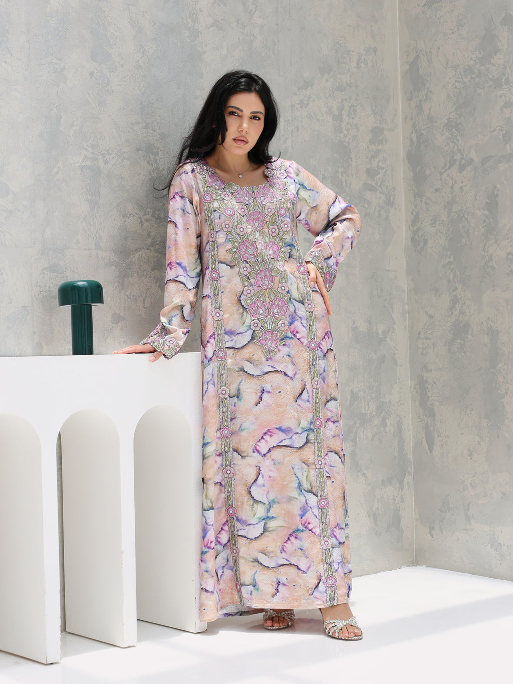 Marble Blossom Mukhawar — embroidered jacquard silk Emirati dress (38)