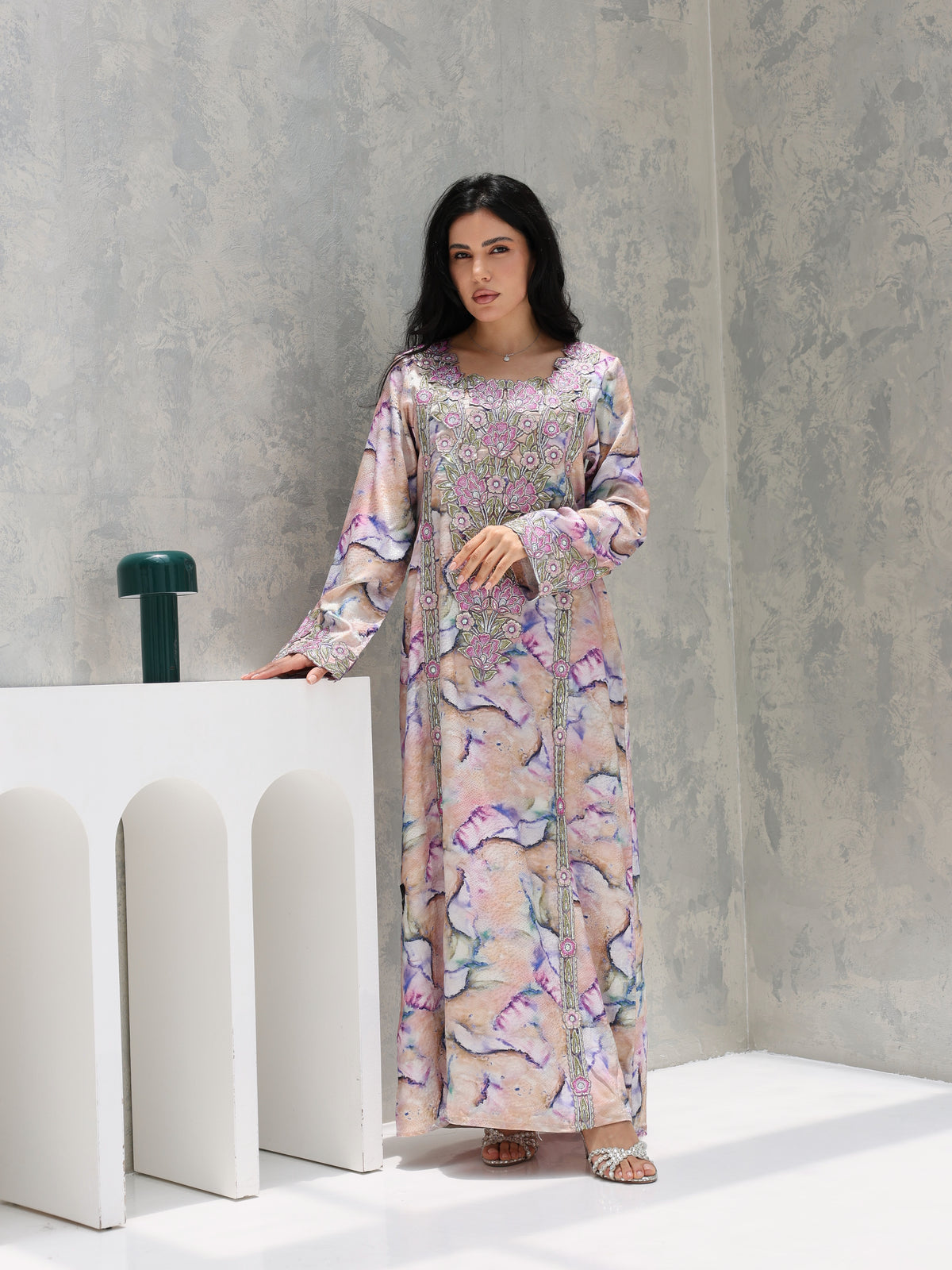 Marble Blossom Mukhawar — embroidered jacquard silk Emirati dress (39)
