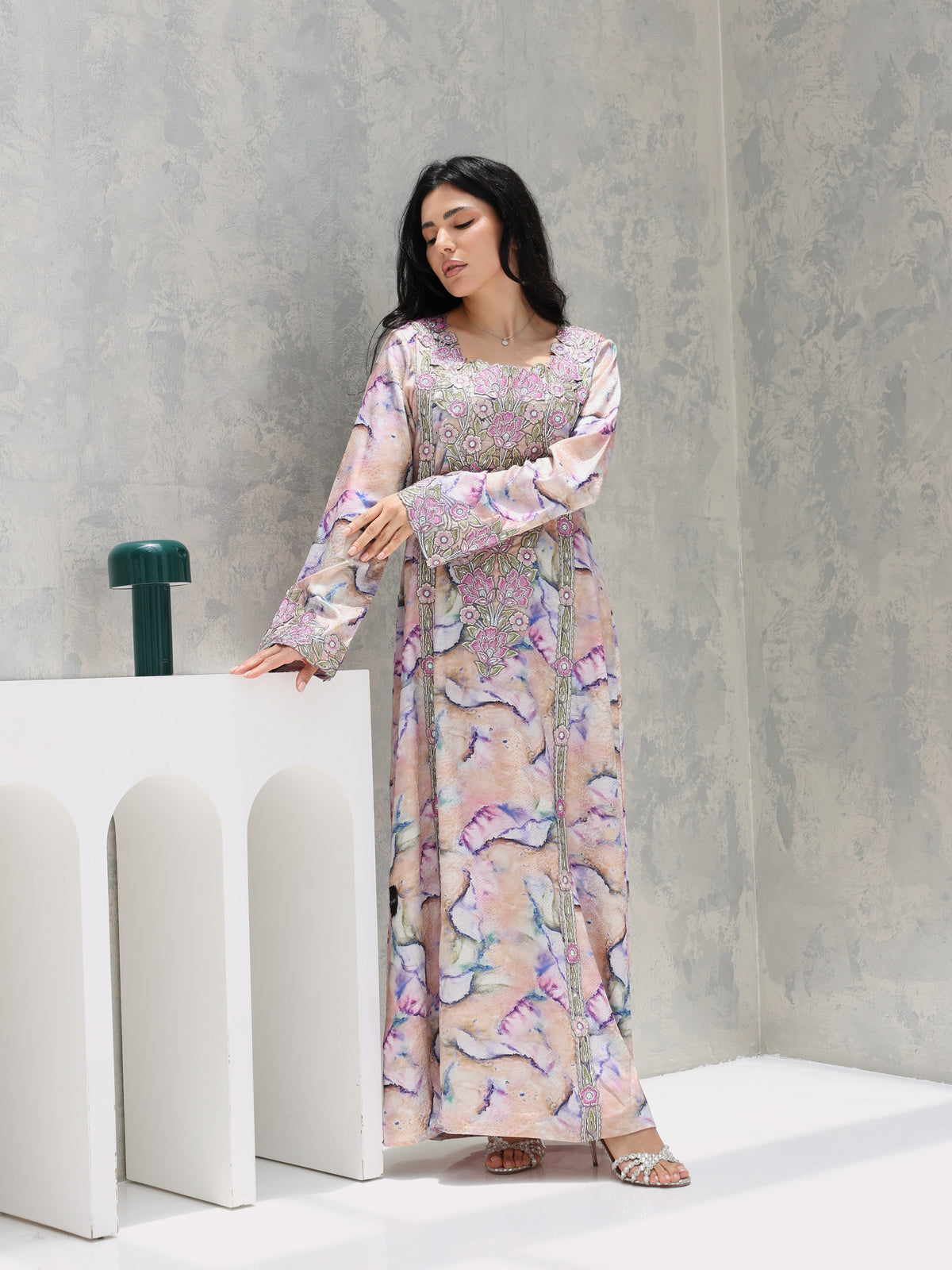 Marble Blossom Mukhawar — embroidered jacquard silk Emirati dress (40)