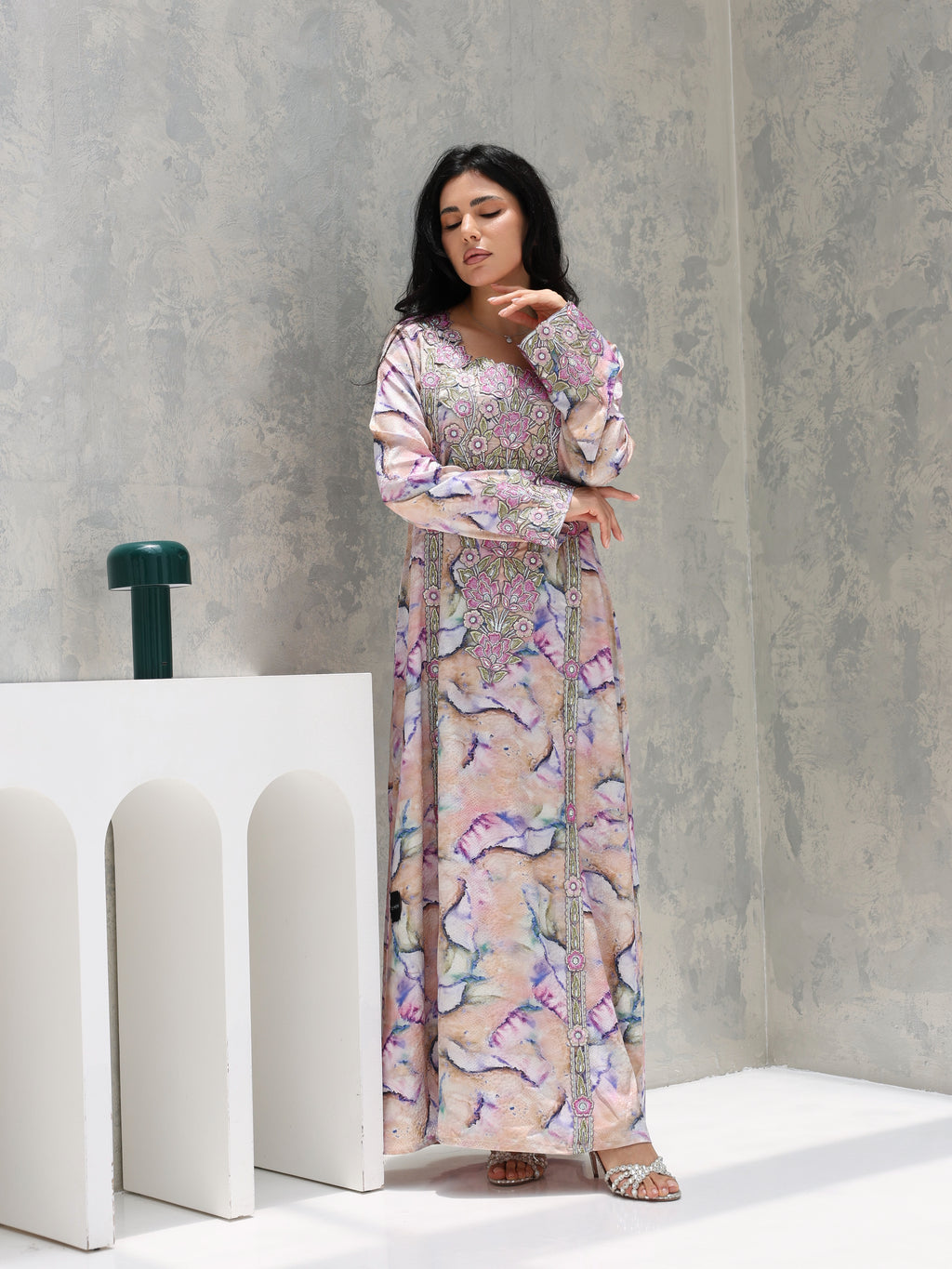 Marble Blossom Mukhawar — embroidered jacquard silk Emirati dress (42)