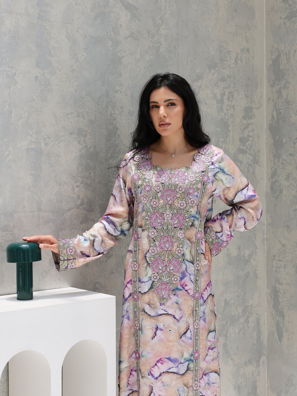 Marble Blossom Mukhawar — embroidered jacquard silk Emirati dress (43)