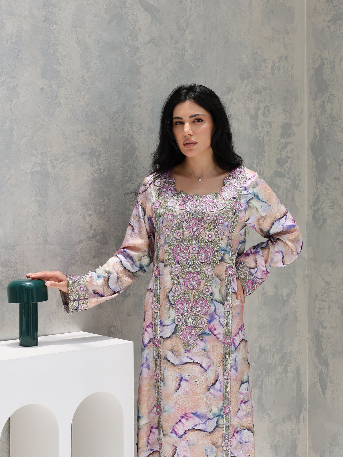 Marble Blossom Mukhawar — embroidered jacquard silk Emirati dress (43)