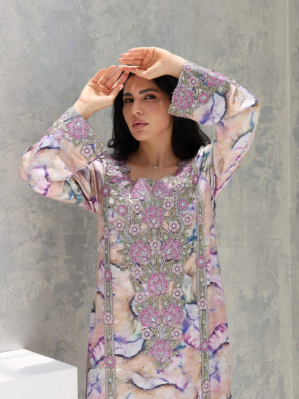 Marble Blossom Mukhawar — embroidered jacquard silk Emirati dress (45)