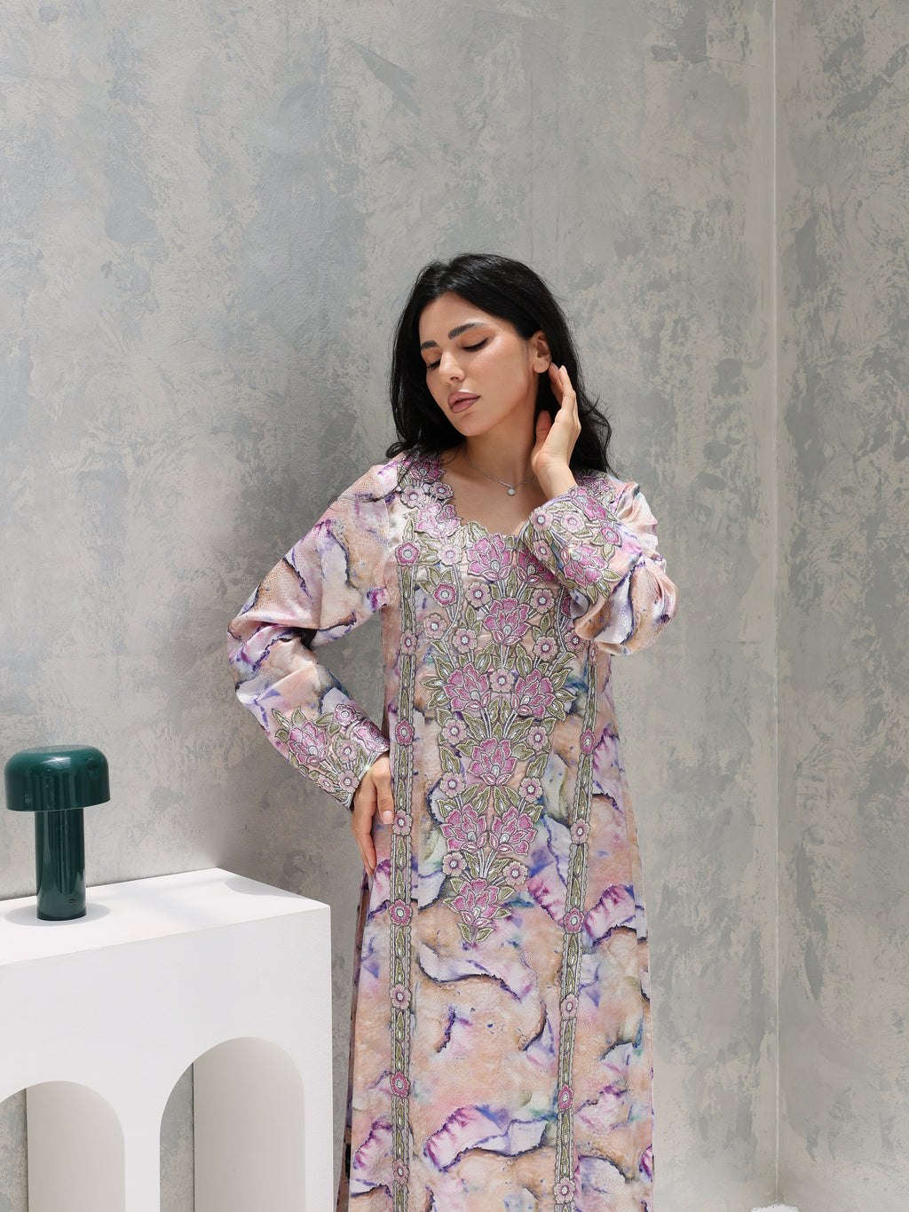 Marble Blossom Mukhawar — embroidered jacquard silk Emirati dress (46)