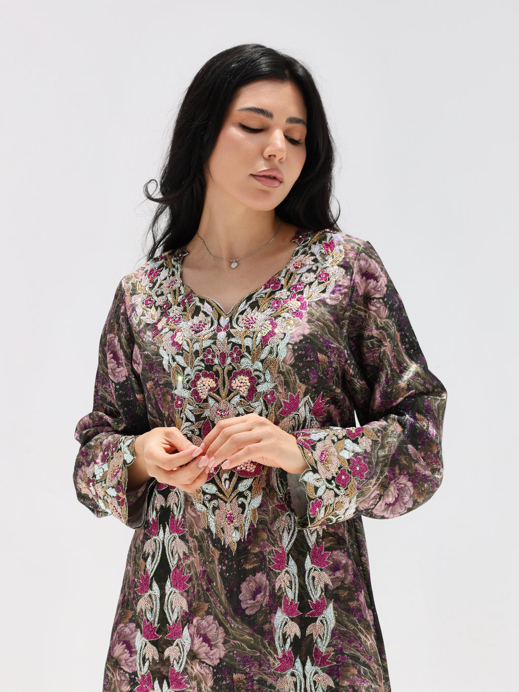 Midnight Rose Mukhawar — embroidered jacquard silk Emirati dress (24)