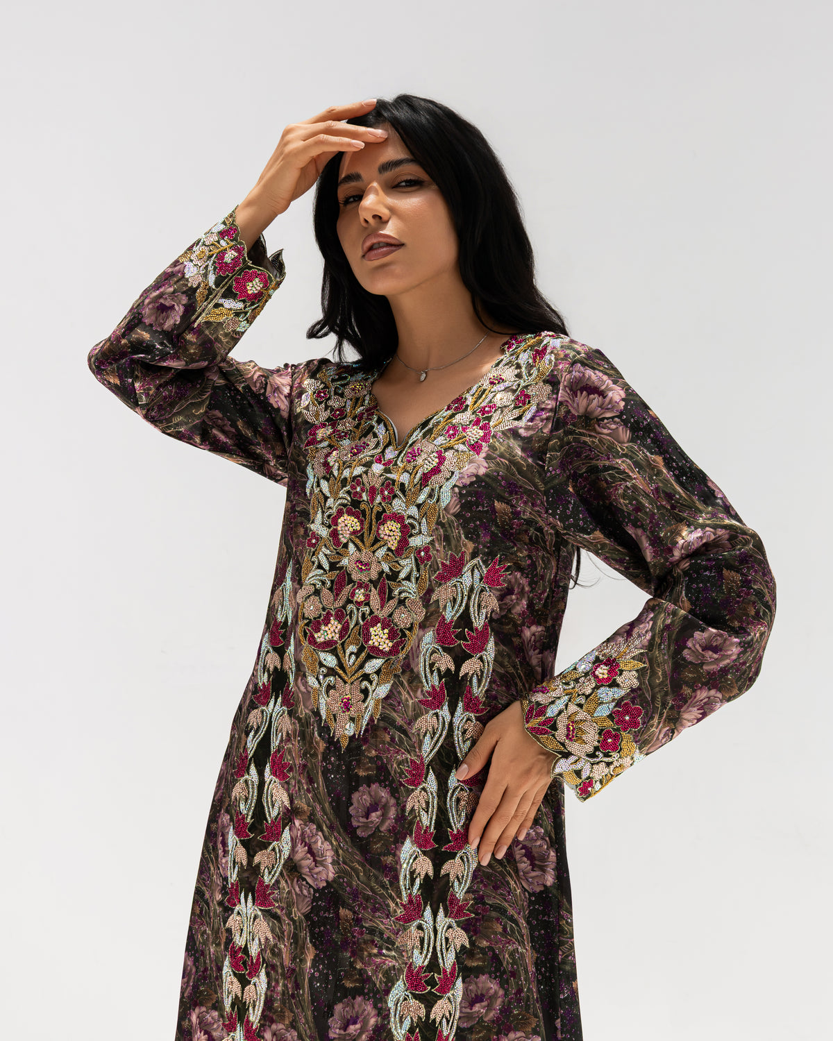 Midnight Rose Mukhawar — embroidered jacquard silk Emirati dress (3)