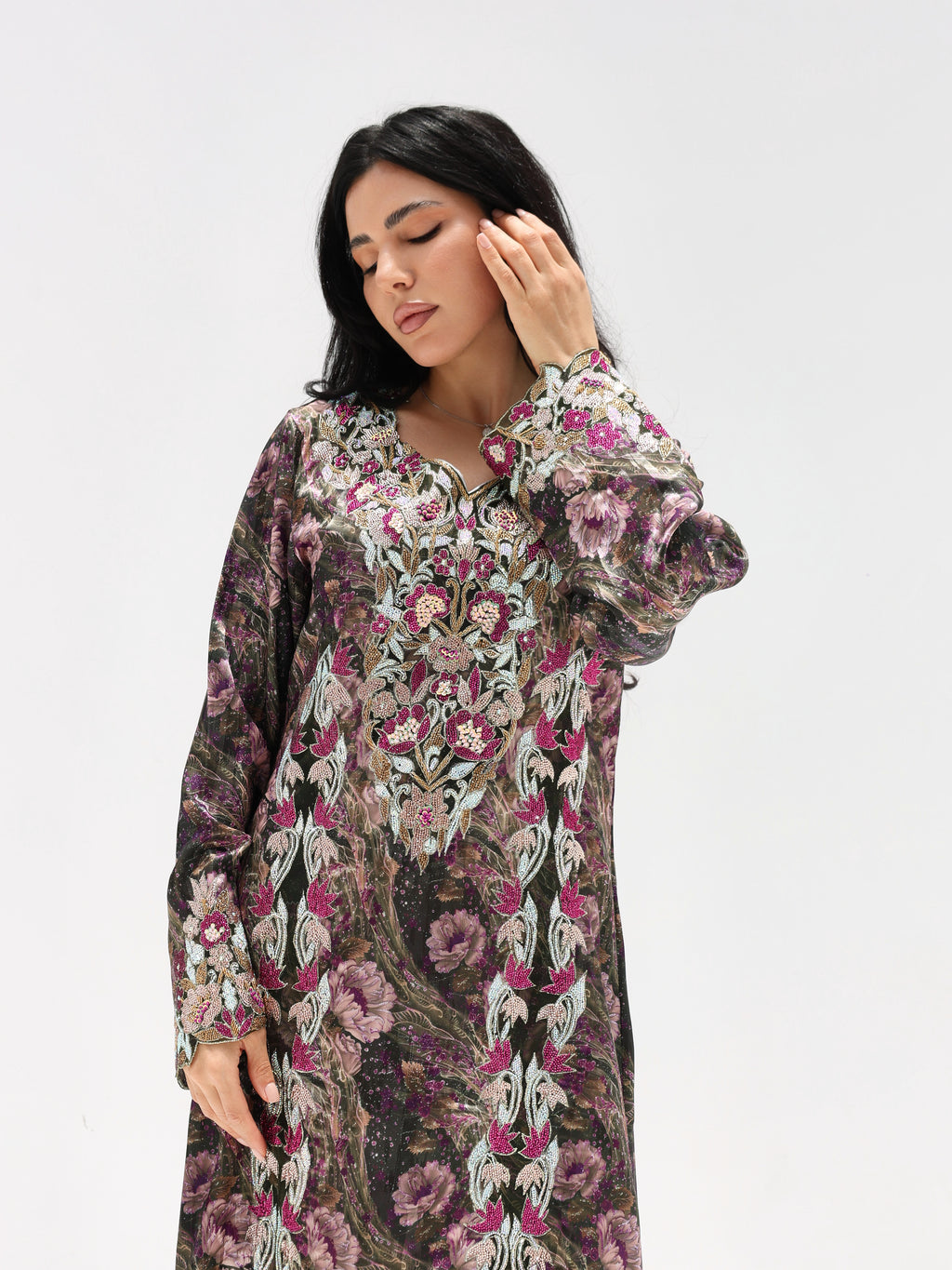 Midnight Rose Mukhawar — embroidered jacquard silk Emirati dress (30)