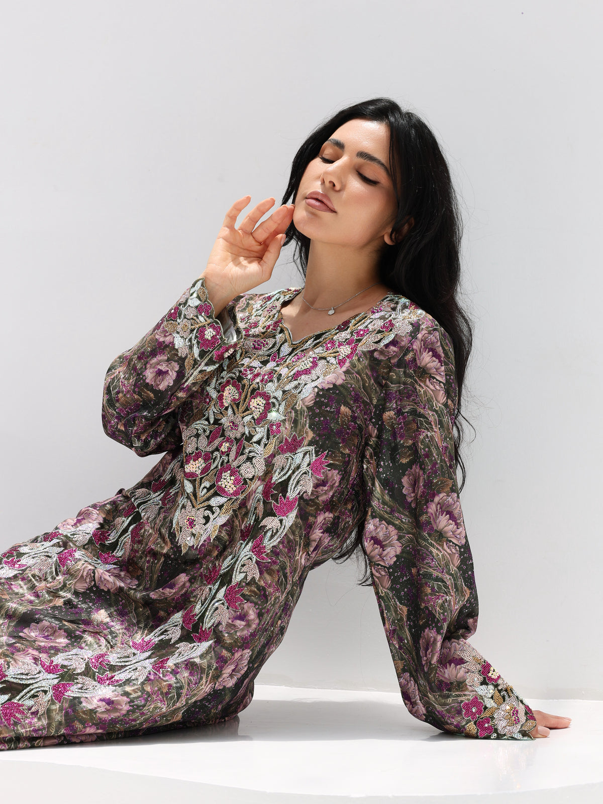 Midnight Rose Mukhawar — embroidered jacquard silk Emirati dress (35)