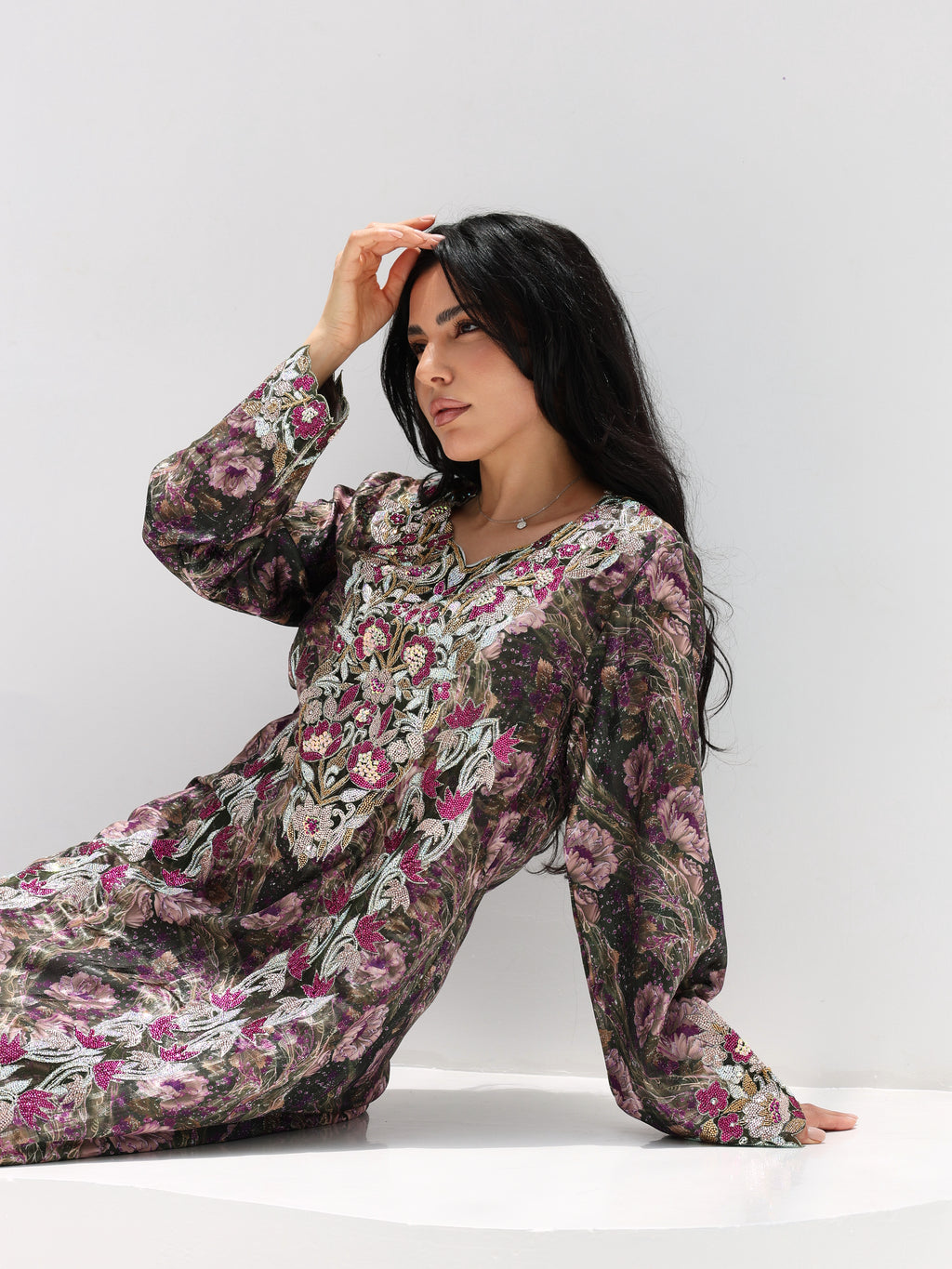 Midnight Rose Mukhawar — embroidered jacquard silk Emirati dress (36)