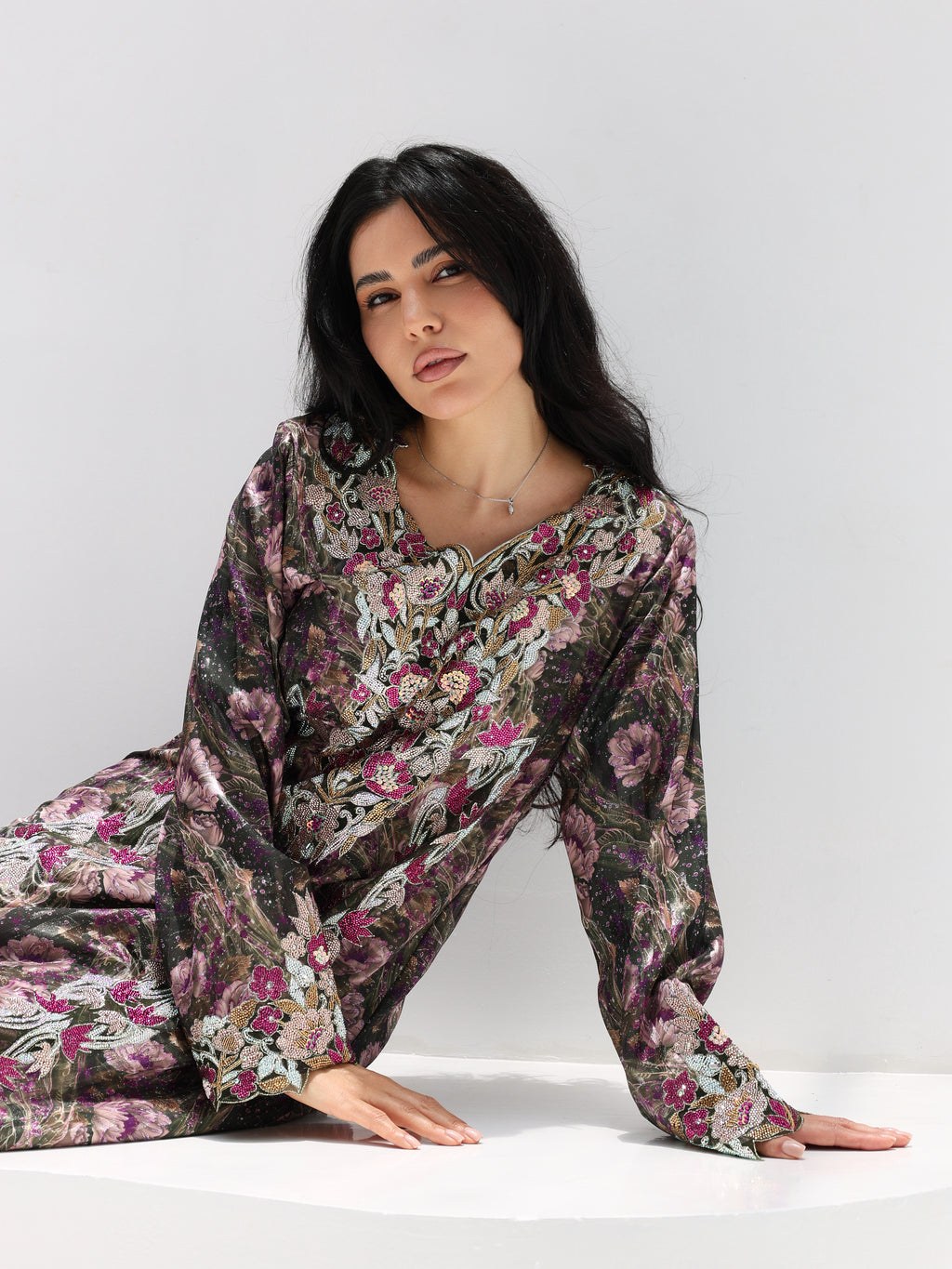 Midnight Rose Mukhawar — embroidered jacquard silk Emirati dress (38)