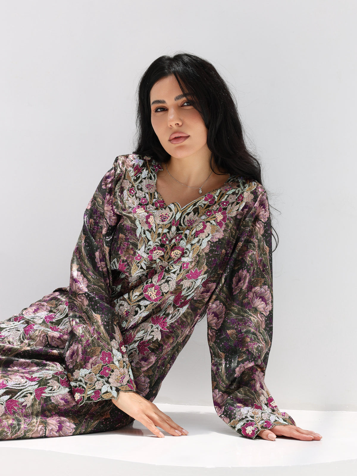 Midnight Rose Mukhawar — embroidered jacquard silk Emirati dress (40)