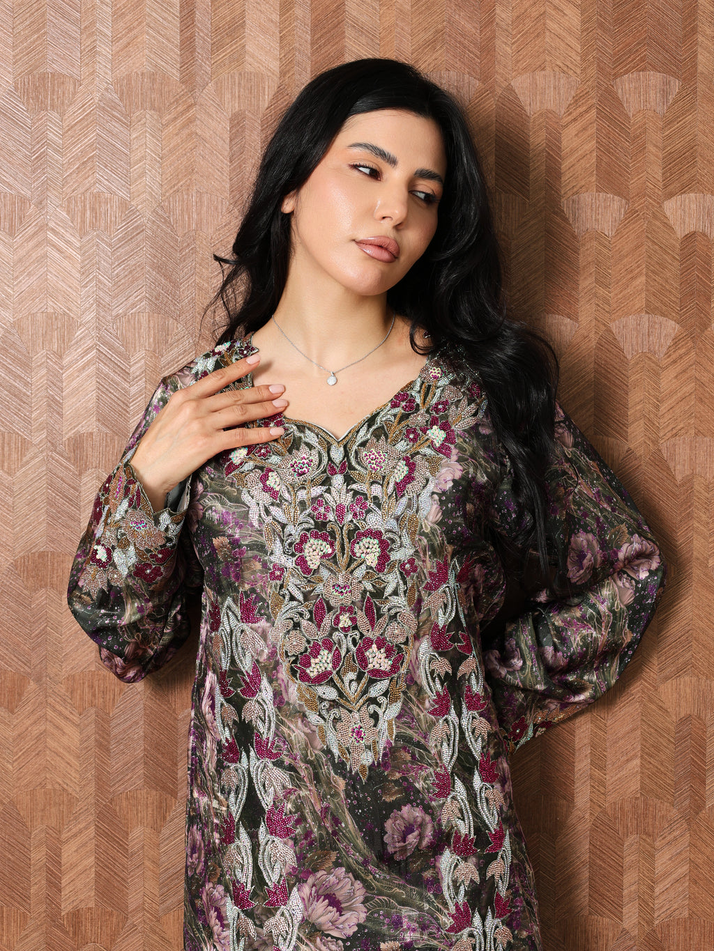 Midnight Rose Mukhawar — embroidered jacquard silk Emirati dress (46)