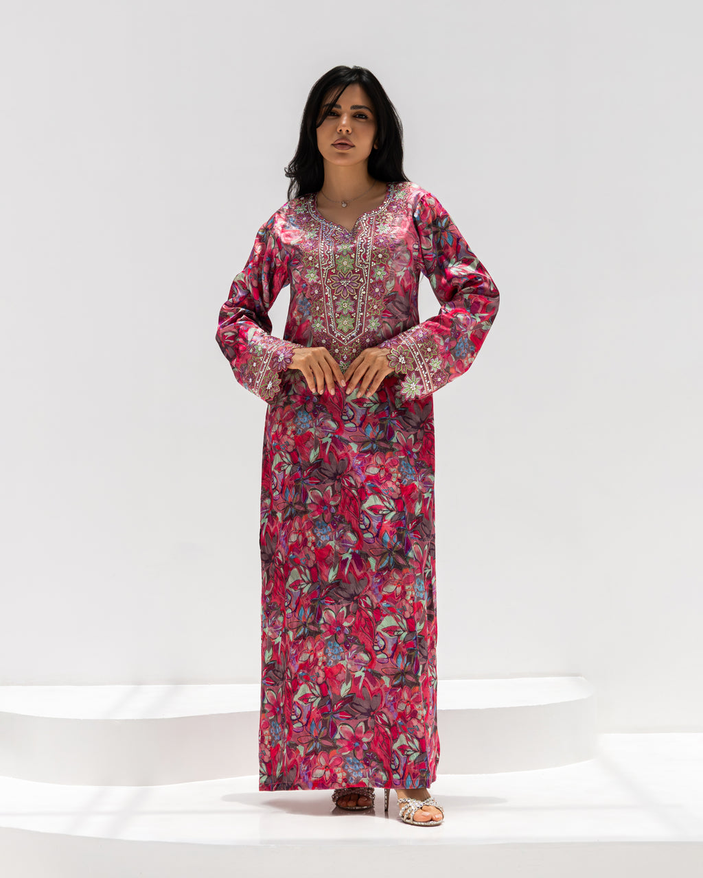 Magenta Bloom Mukhawar — traditional Emirati dress in jacquard silk with magenta floral embroidery