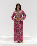 Magenta Bloom Mukhawar — traditional Emirati dress in jacquard silk with magenta floral embroidery