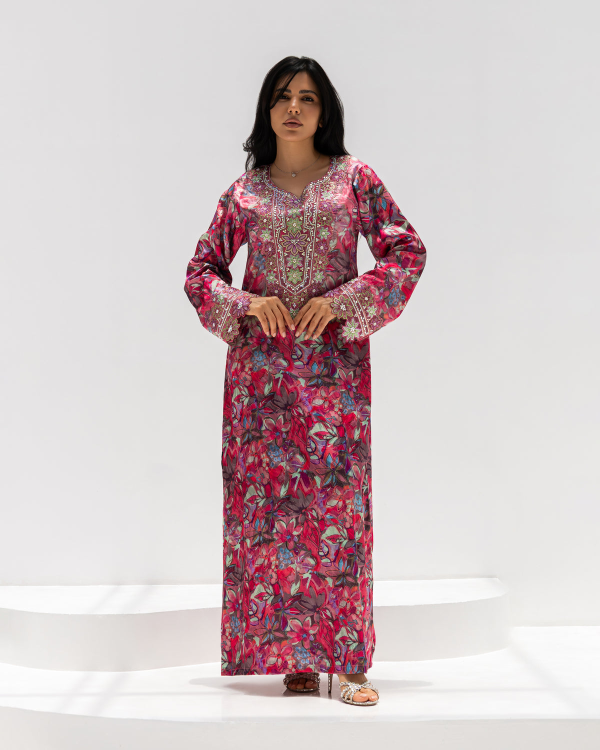 Magenta Bloom Mukhawar — traditional Emirati dress in jacquard silk with magenta floral embroidery