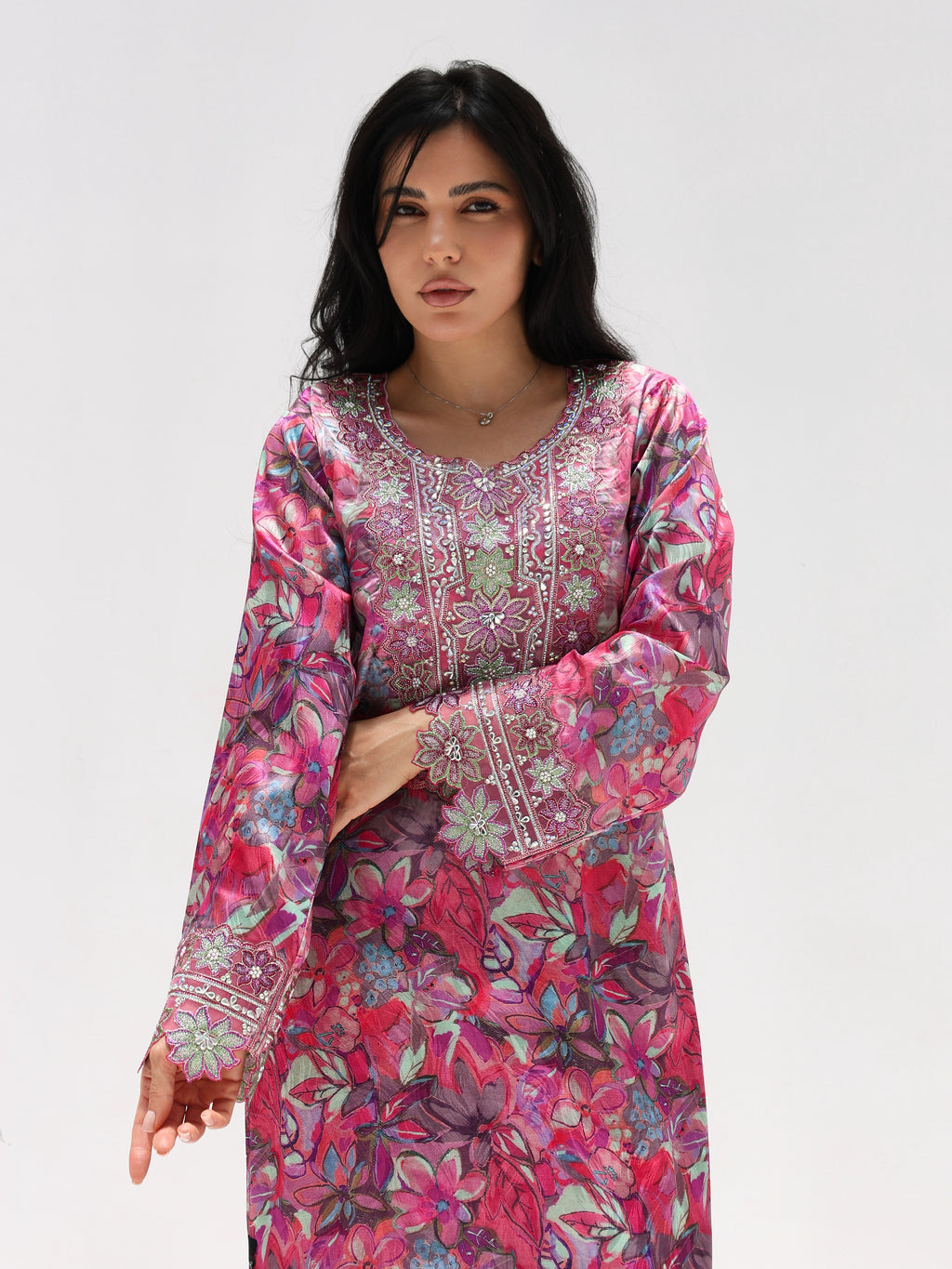Magenta Bloom Mukhawar — embroidered jacquard silk Emirati dress (36)