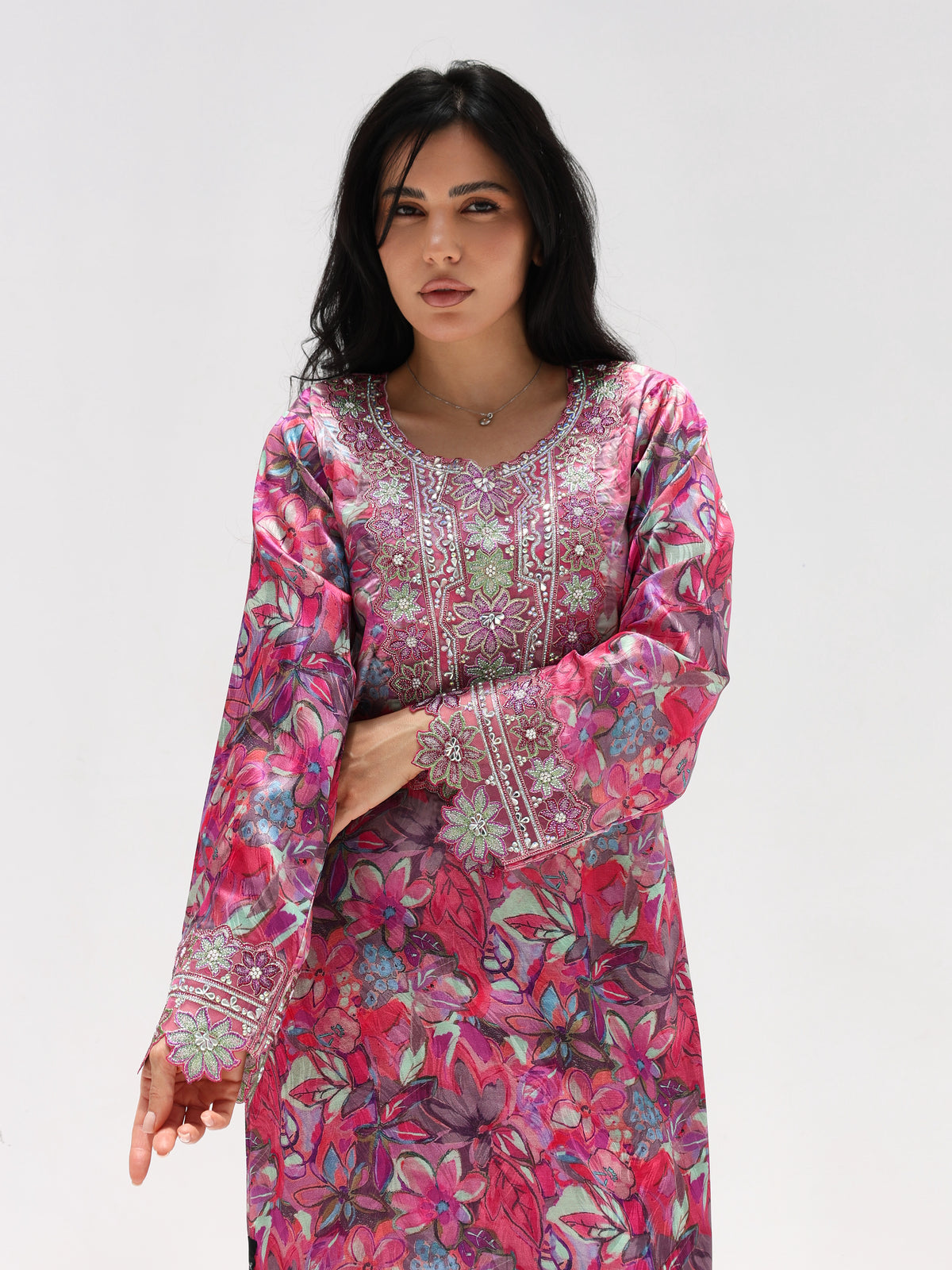 Magenta Bloom Mukhawar — embroidered jacquard silk Emirati dress (36)