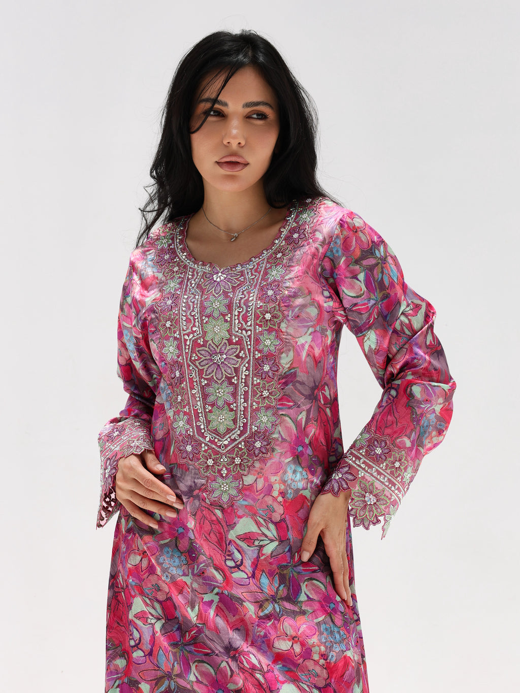 Magenta Bloom Mukhawar — embroidered jacquard silk Emirati dress (37)