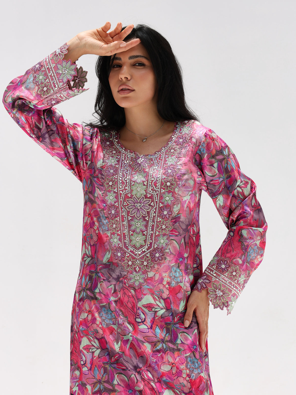 Magenta Bloom Mukhawar — embroidered jacquard silk Emirati dress (38)