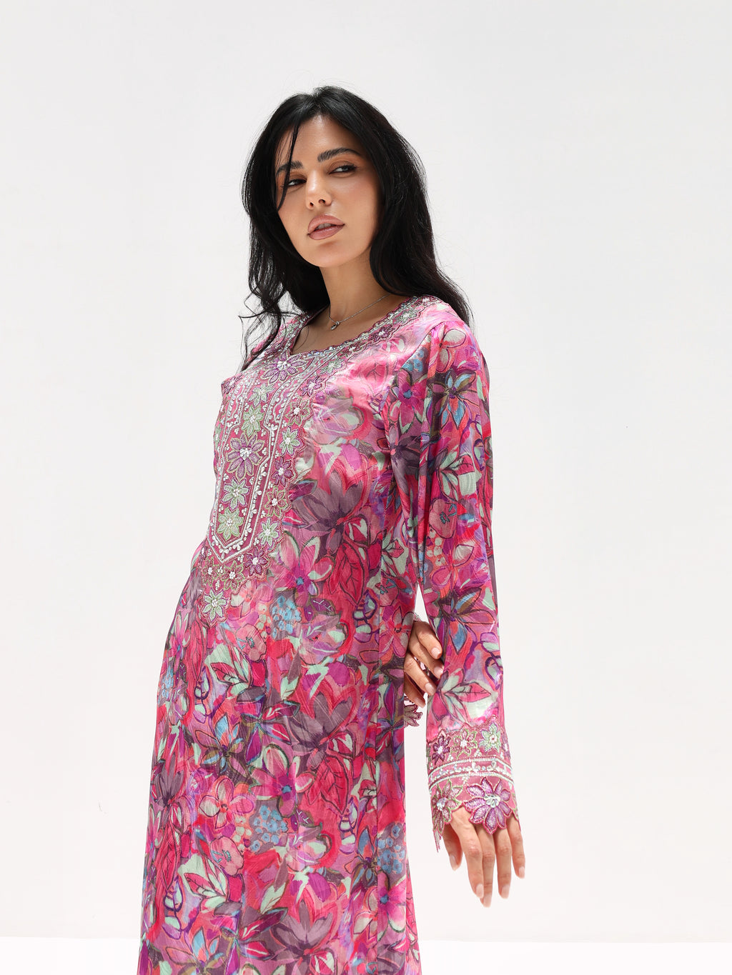 Magenta Bloom Mukhawar — embroidered jacquard silk Emirati dress (40)