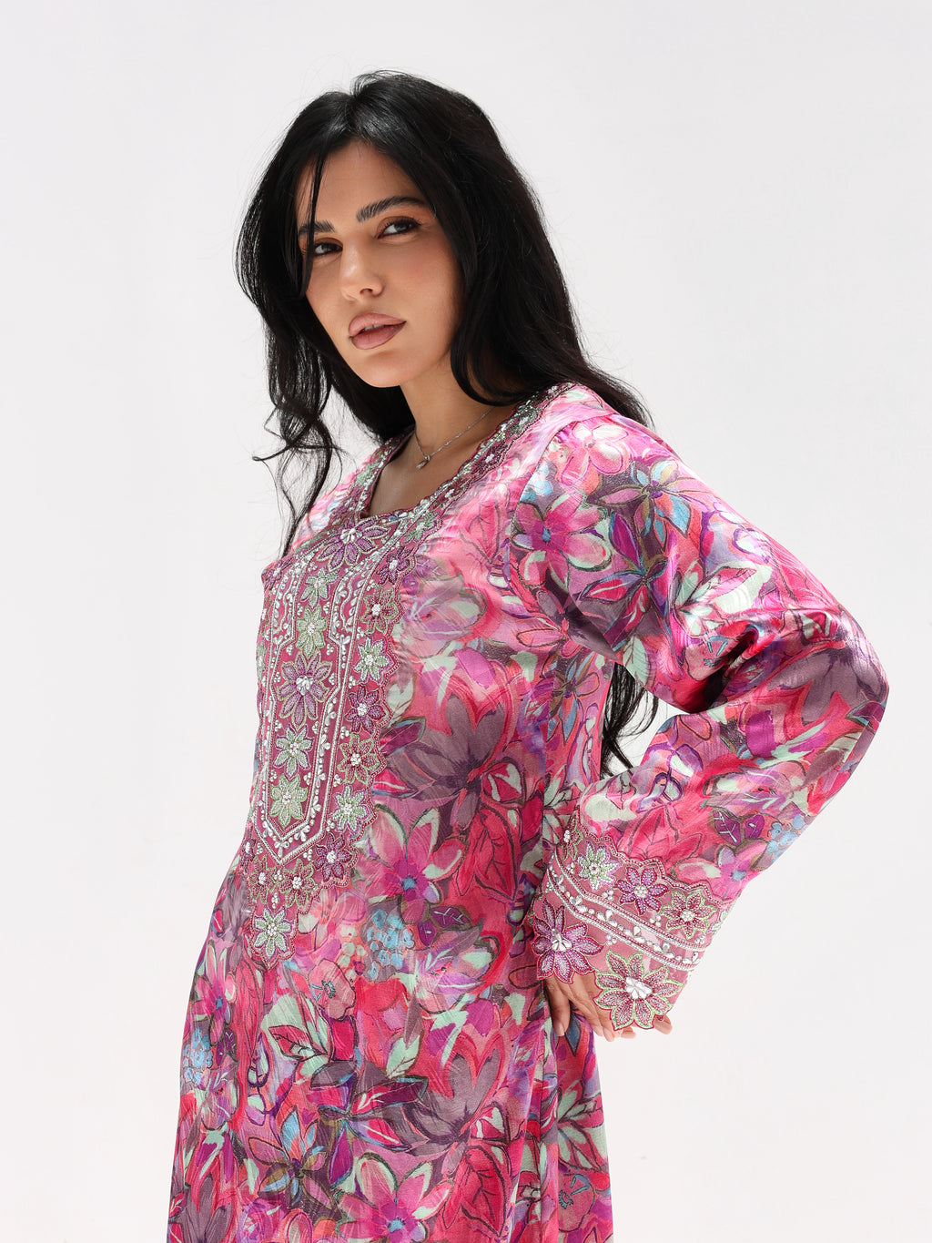 Magenta Bloom Mukhawar — embroidered jacquard silk Emirati dress (41)