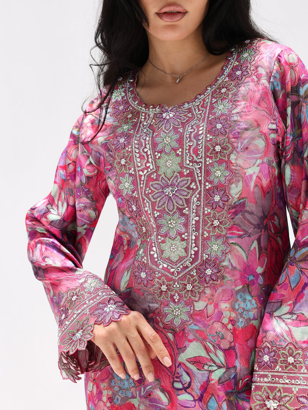 Magenta Bloom Mukhawar — embroidered jacquard silk Emirati dress (42)