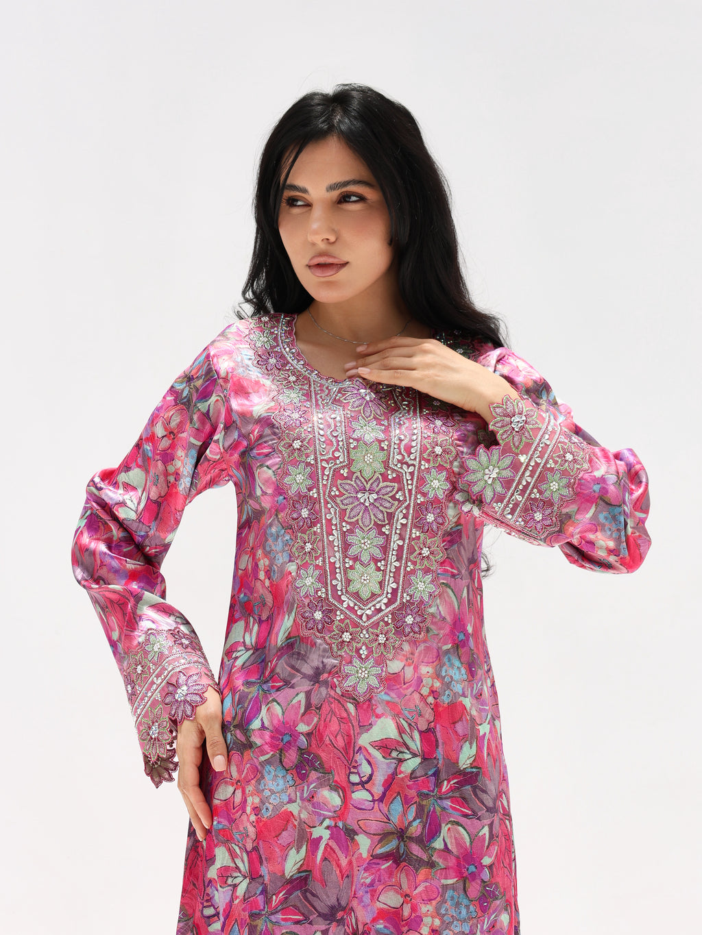 Magenta Bloom Mukhawar — embroidered jacquard silk Emirati dress (43)
